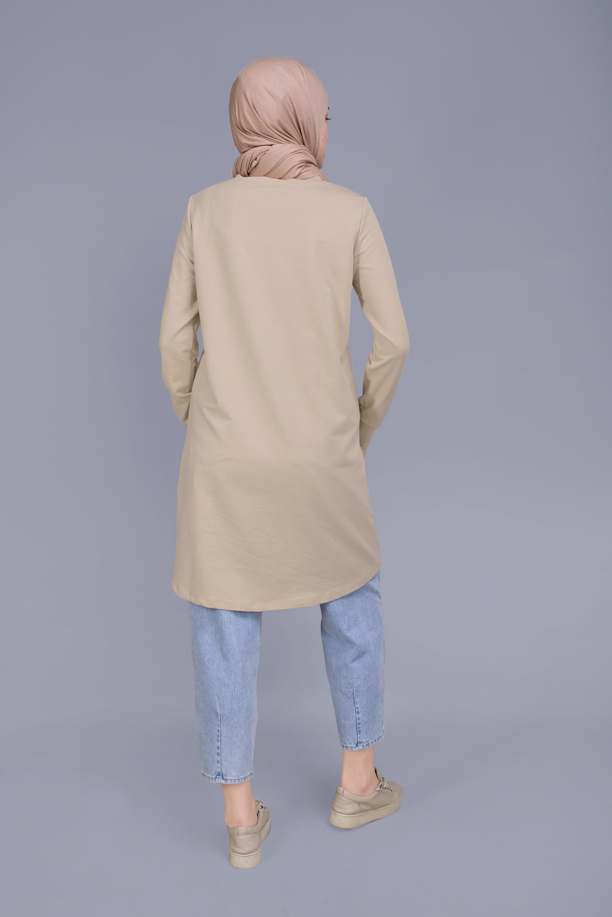 Tesettür giyim BEJ TAŞ BASKILI FERMUARLI EŞOFMAN TUNİK 41568