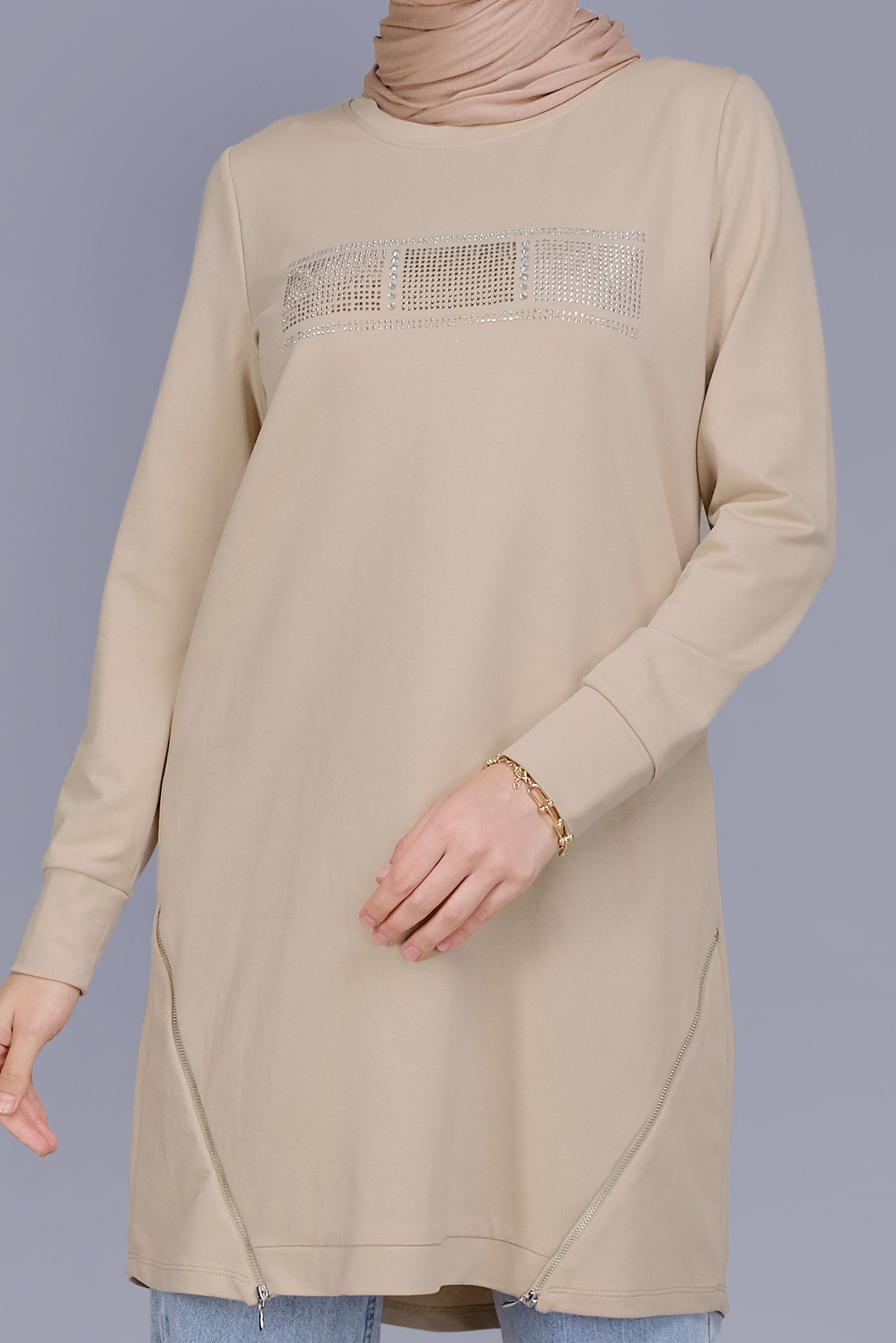 Tesettür giyim BEJ TAŞ BASKILI FERMUARLI EŞOFMAN TUNİK 41568