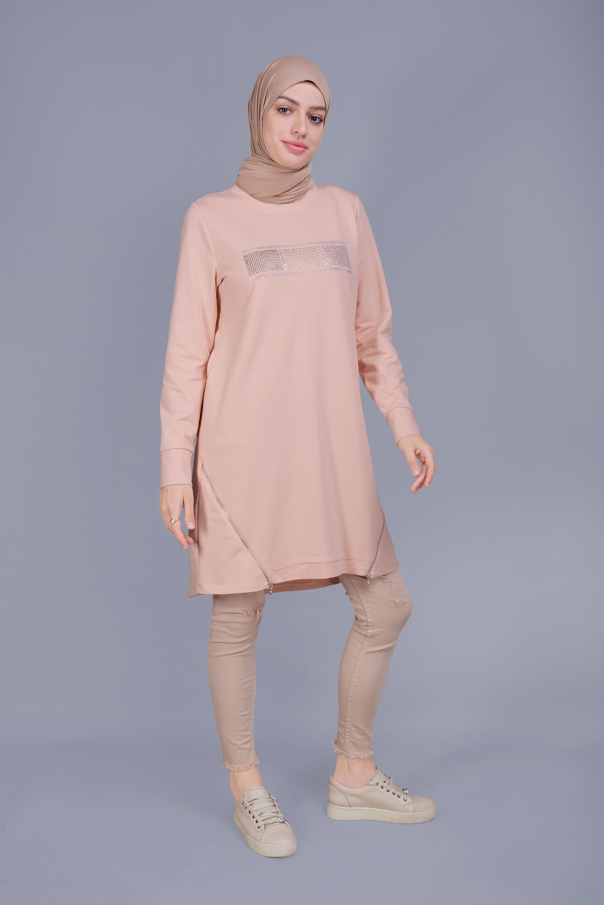 Tesettür giyim PUDRA TAŞ BASKILI FERMUARLI EŞOFMAN TUNİK 41568