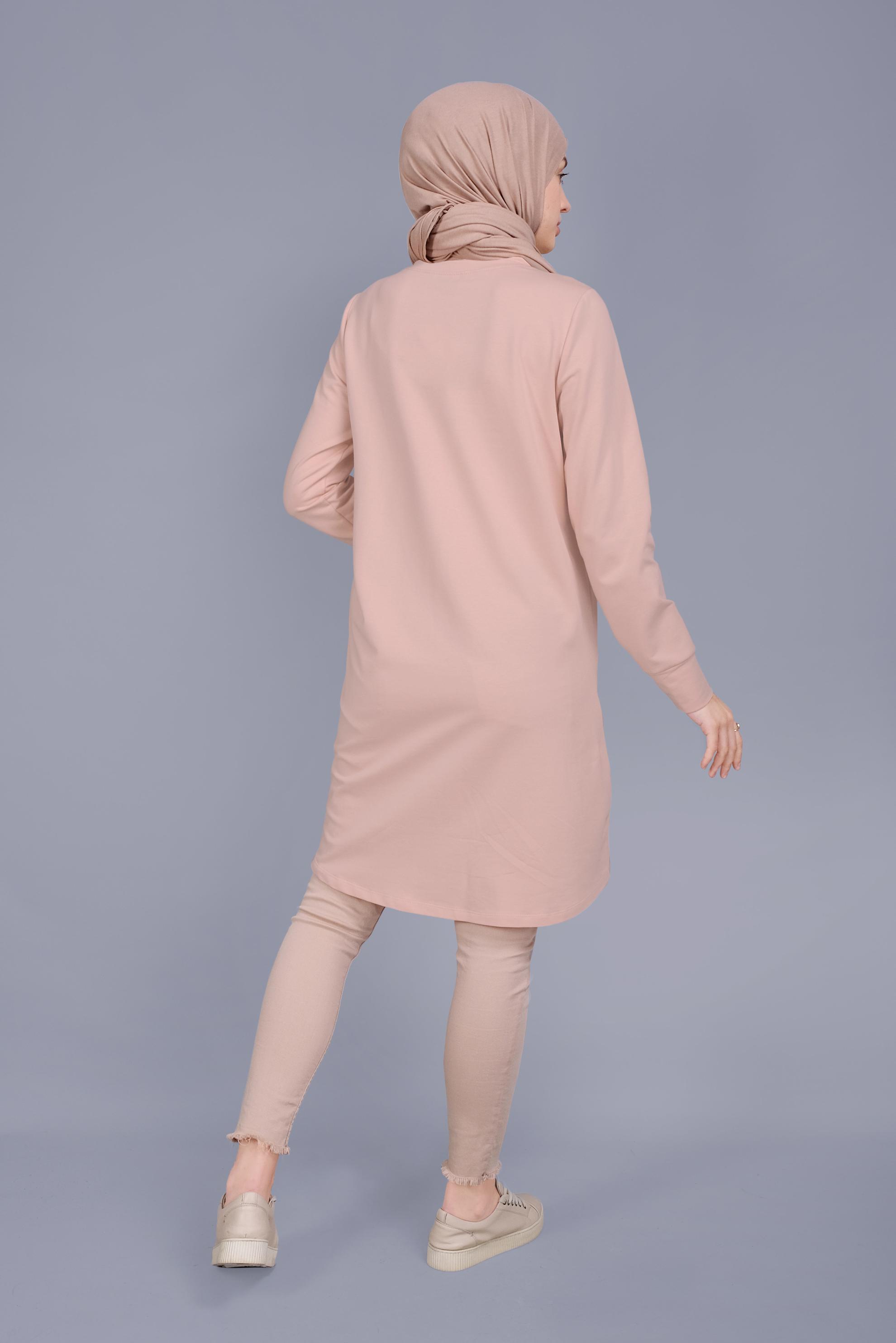 Tesettür giyim PUDRA TAŞ BASKILI FERMUARLI EŞOFMAN TUNİK 41568