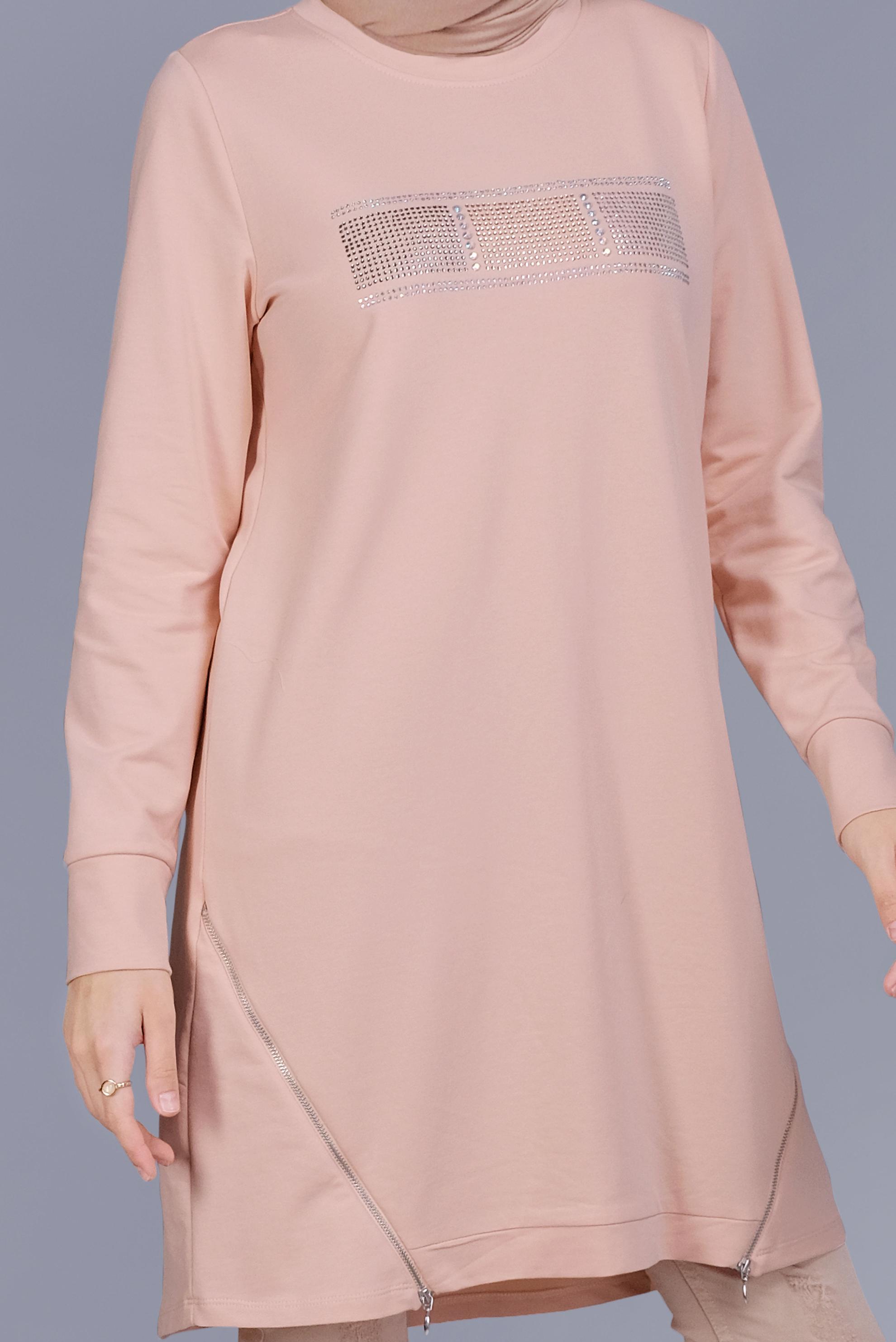 Tesettür giyim PUDRA TAŞ BASKILI FERMUARLI EŞOFMAN TUNİK 41568