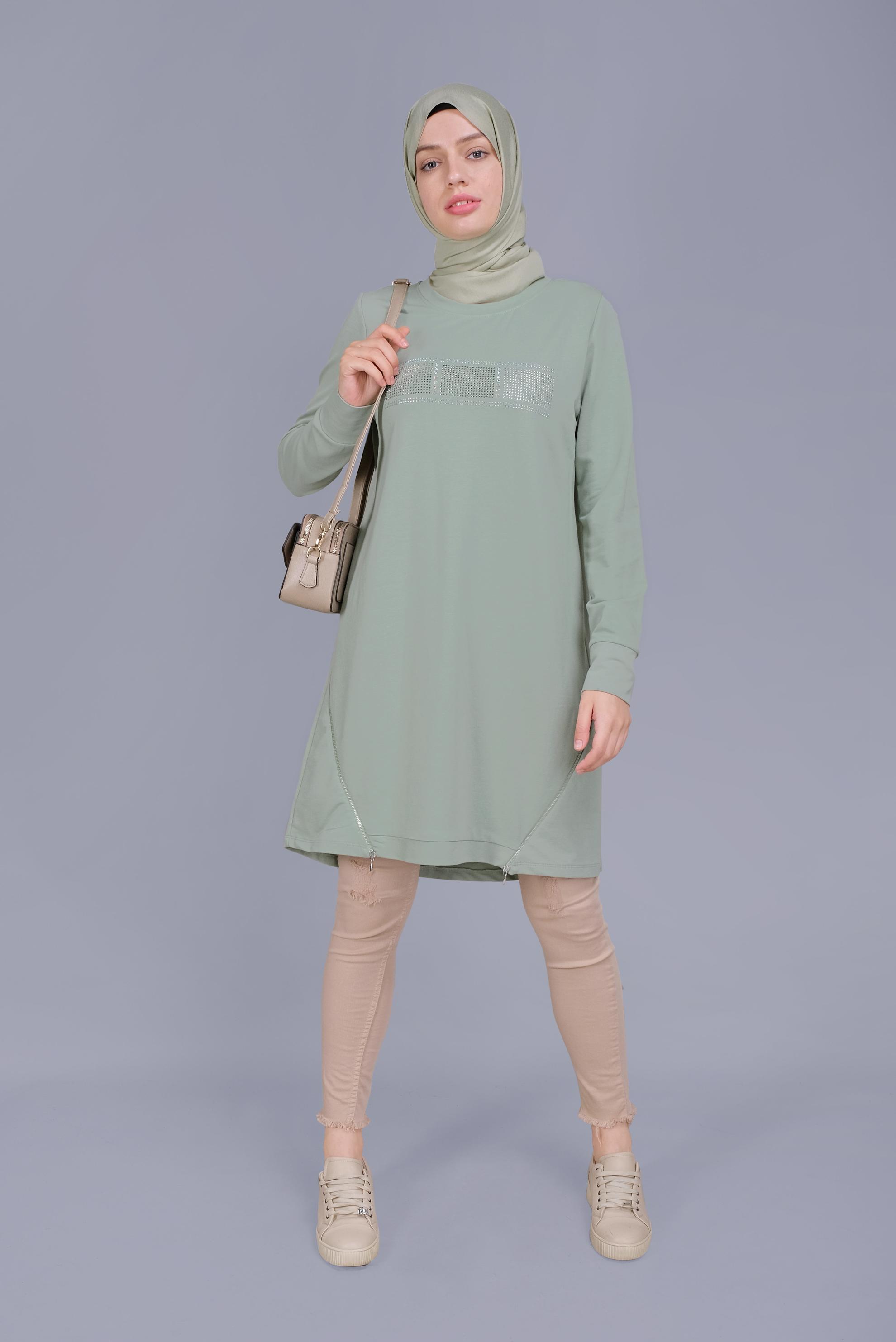 Tesettür giyim YEŞİL TAŞ BASKILI FERMUARLI EŞOFMAN TUNİK 41568