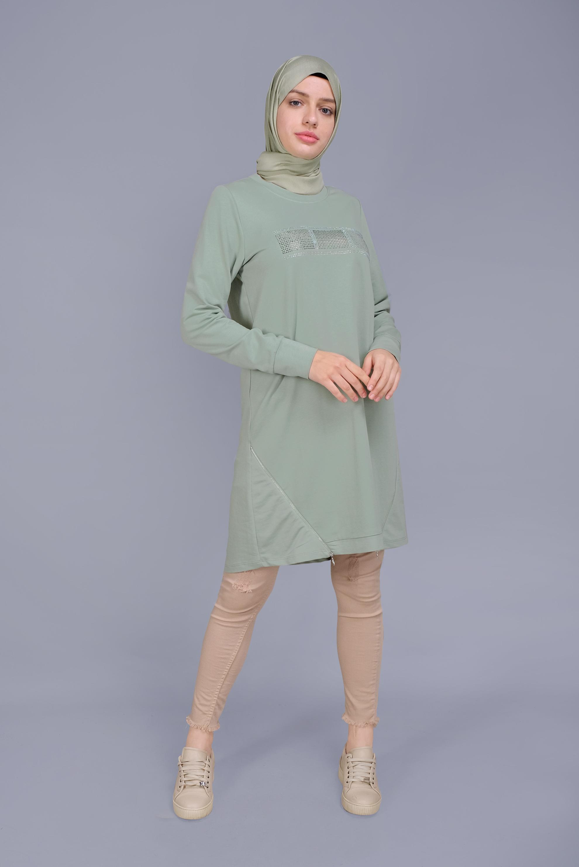 Tesettür giyim YEŞİL TAŞ BASKILI FERMUARLI EŞOFMAN TUNİK 41568