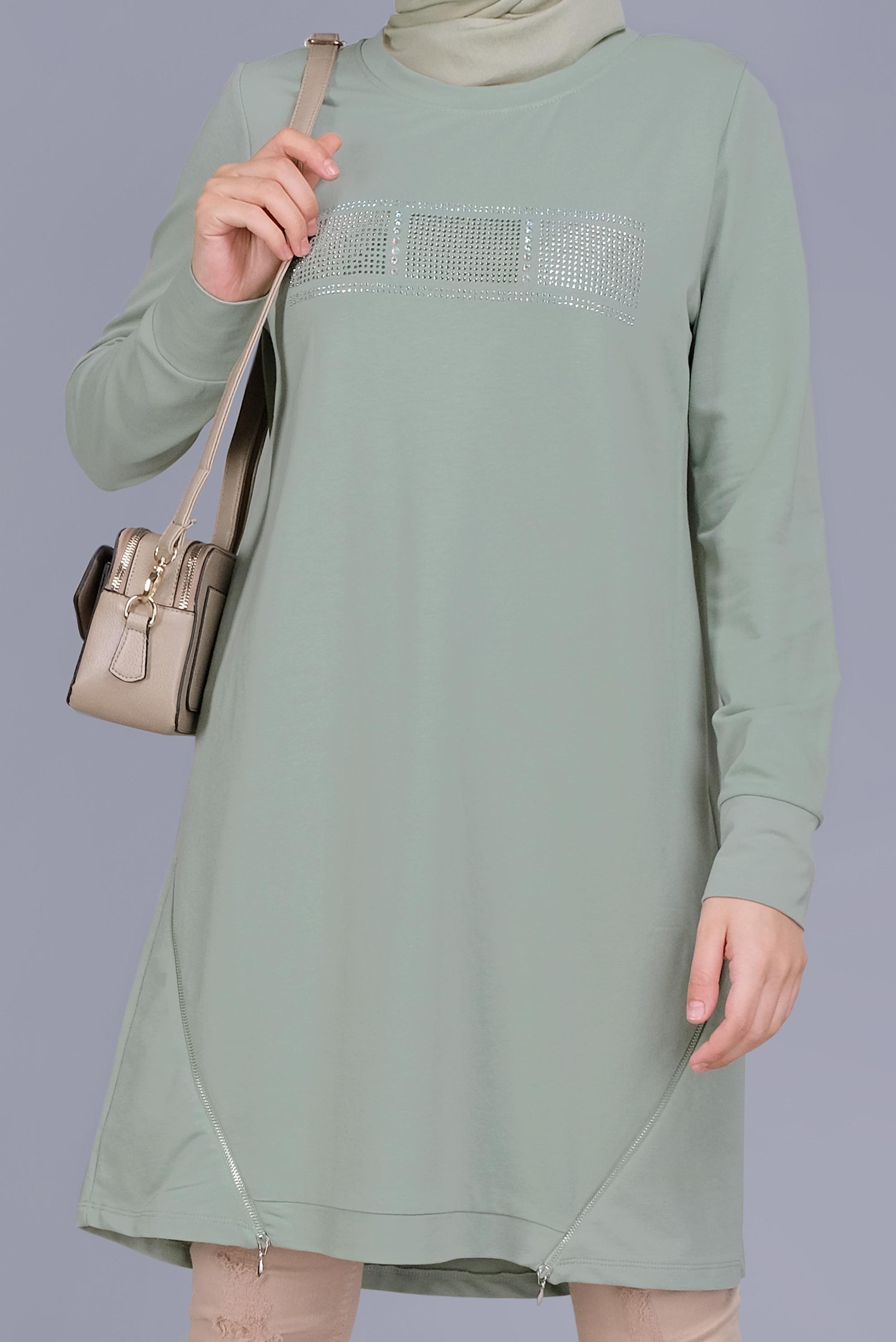 Tesettür giyim YEŞİL TAŞ BASKILI FERMUARLI EŞOFMAN TUNİK 41568