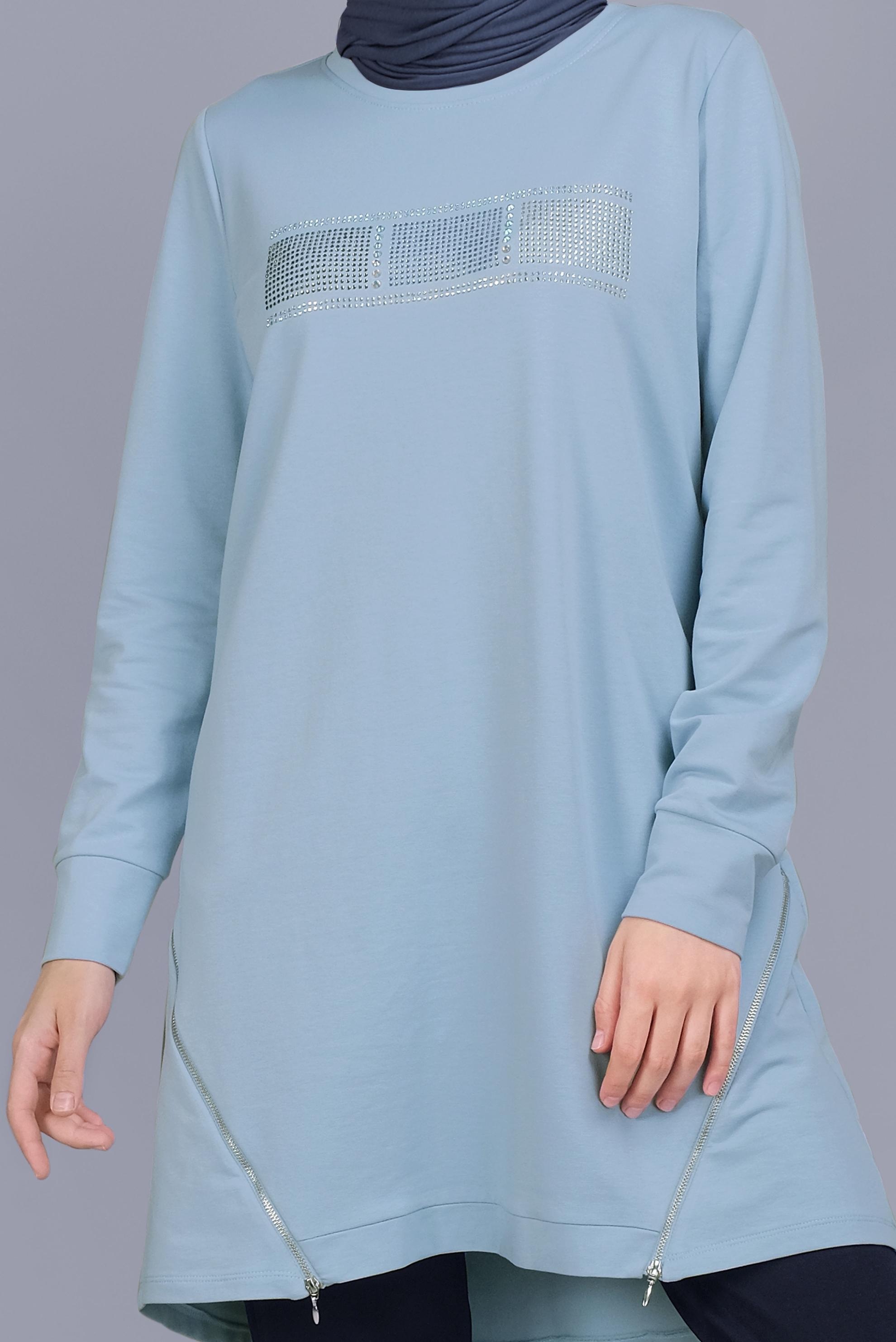 Tesettür giyim MAVİ TAŞ BASKILI FERMUARLI EŞOFMAN TUNİK 41568