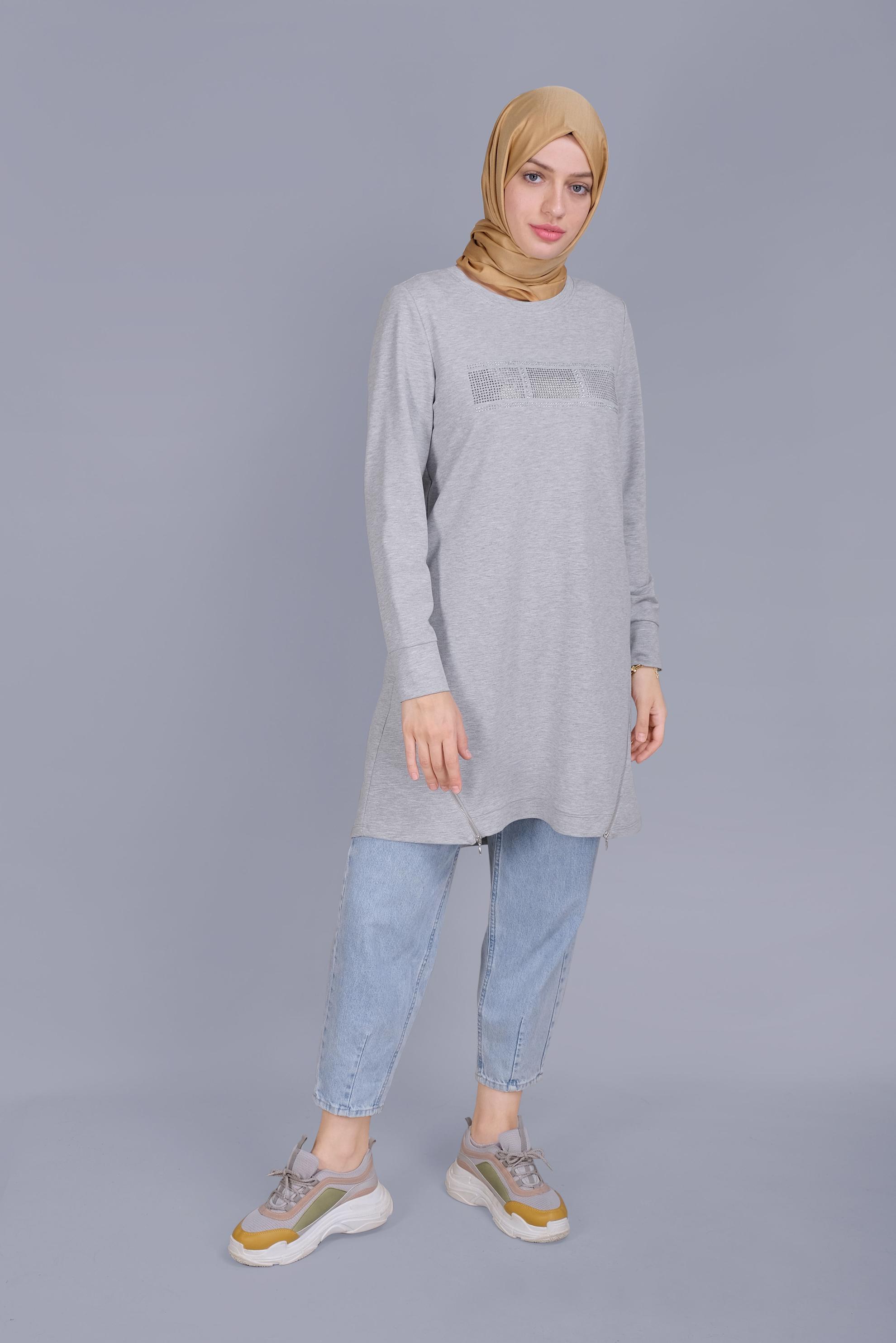 Tesettür giyim GRİ TAŞ BASKILI FERMUARLI EŞOFMAN TUNİK 41568