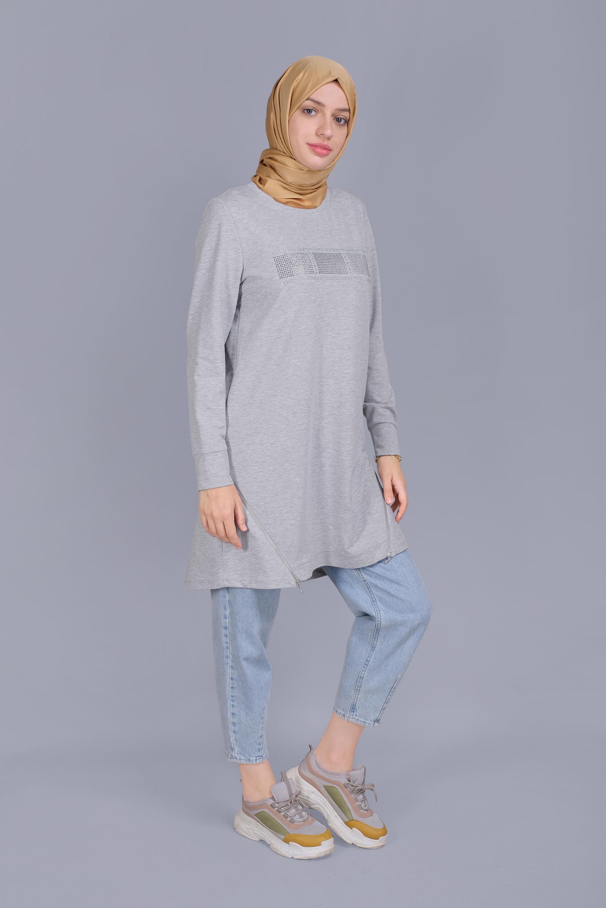 Tesettür giyim GRİ TAŞ BASKILI FERMUARLI EŞOFMAN TUNİK 41568