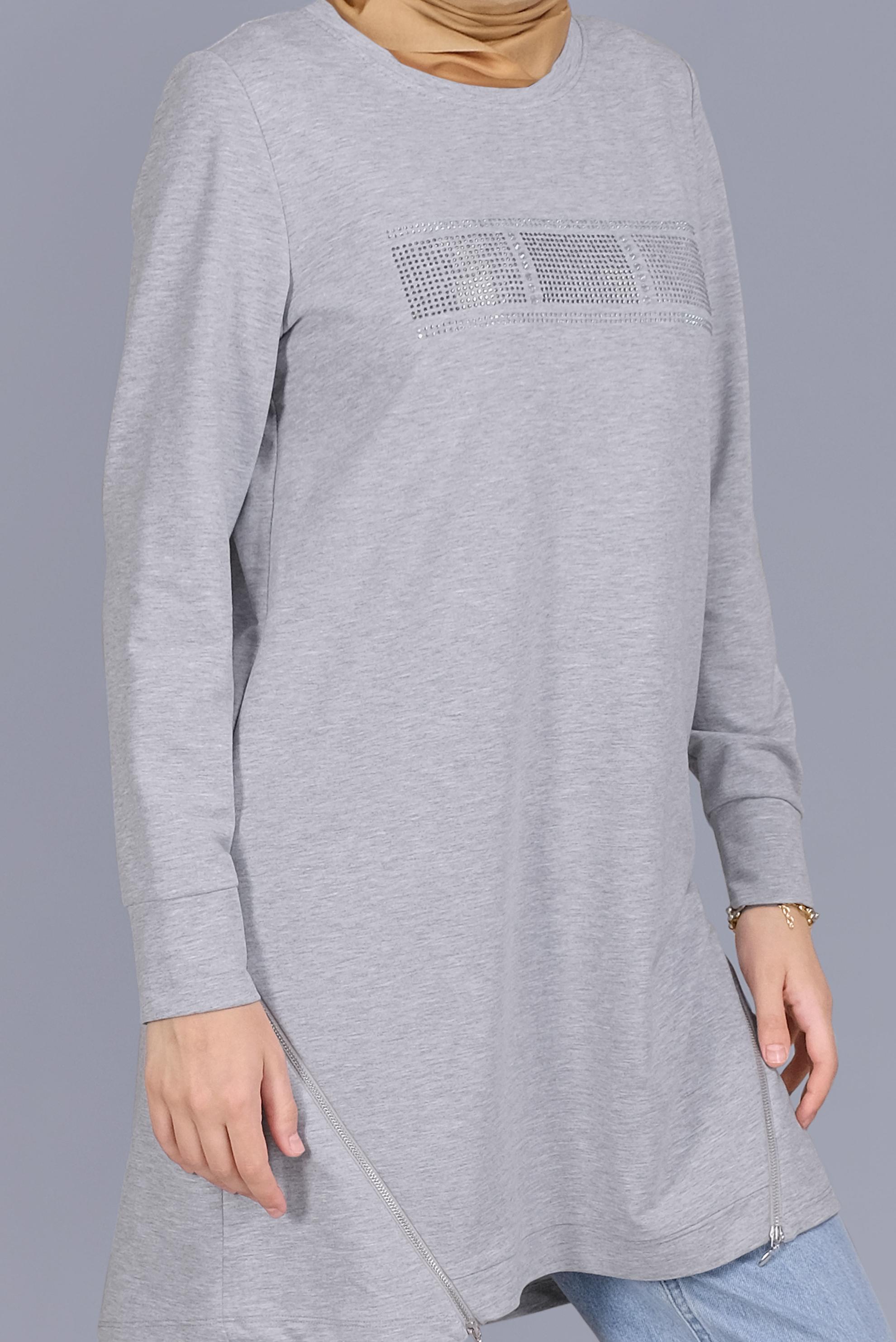 Tesettür giyim GRİ TAŞ BASKILI FERMUARLI EŞOFMAN TUNİK 41568