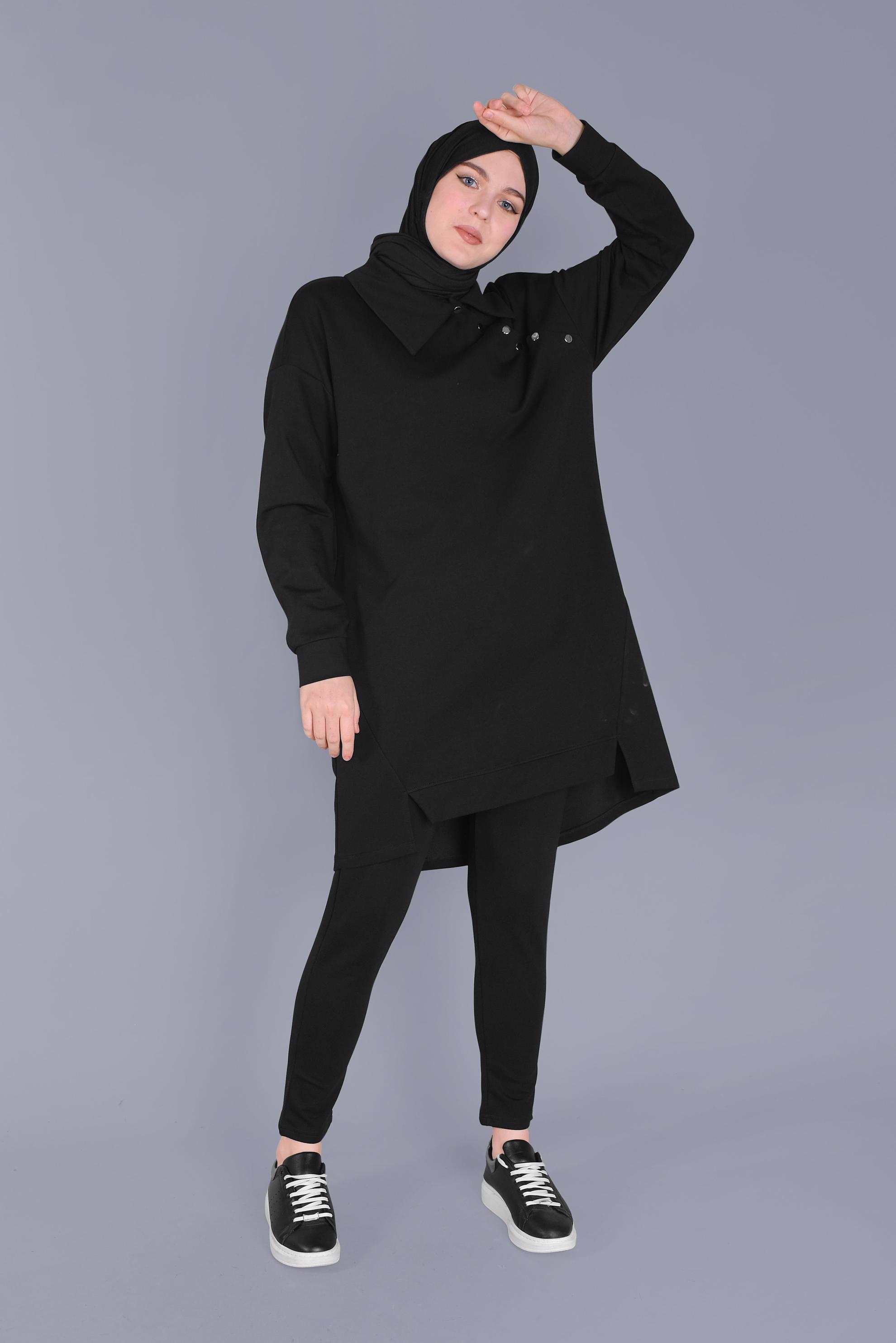 Tesettür giyim SİYAH DÜĞME DETAYLI EŞOFMAN TUNİK 41569 