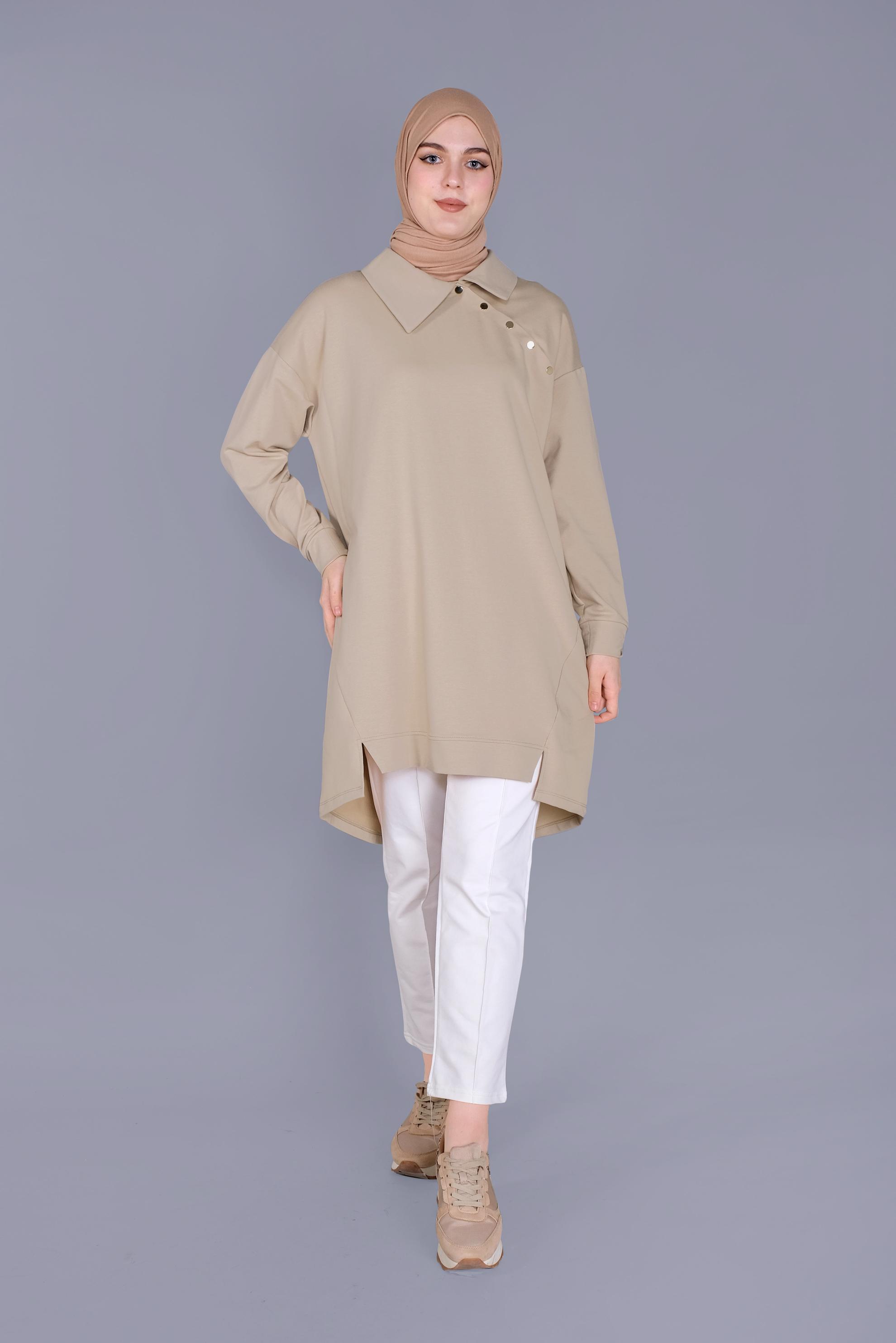 Tesettür giyim BEJ DÜĞME DETAYLI EŞOFMAN TUNİK 41569 
