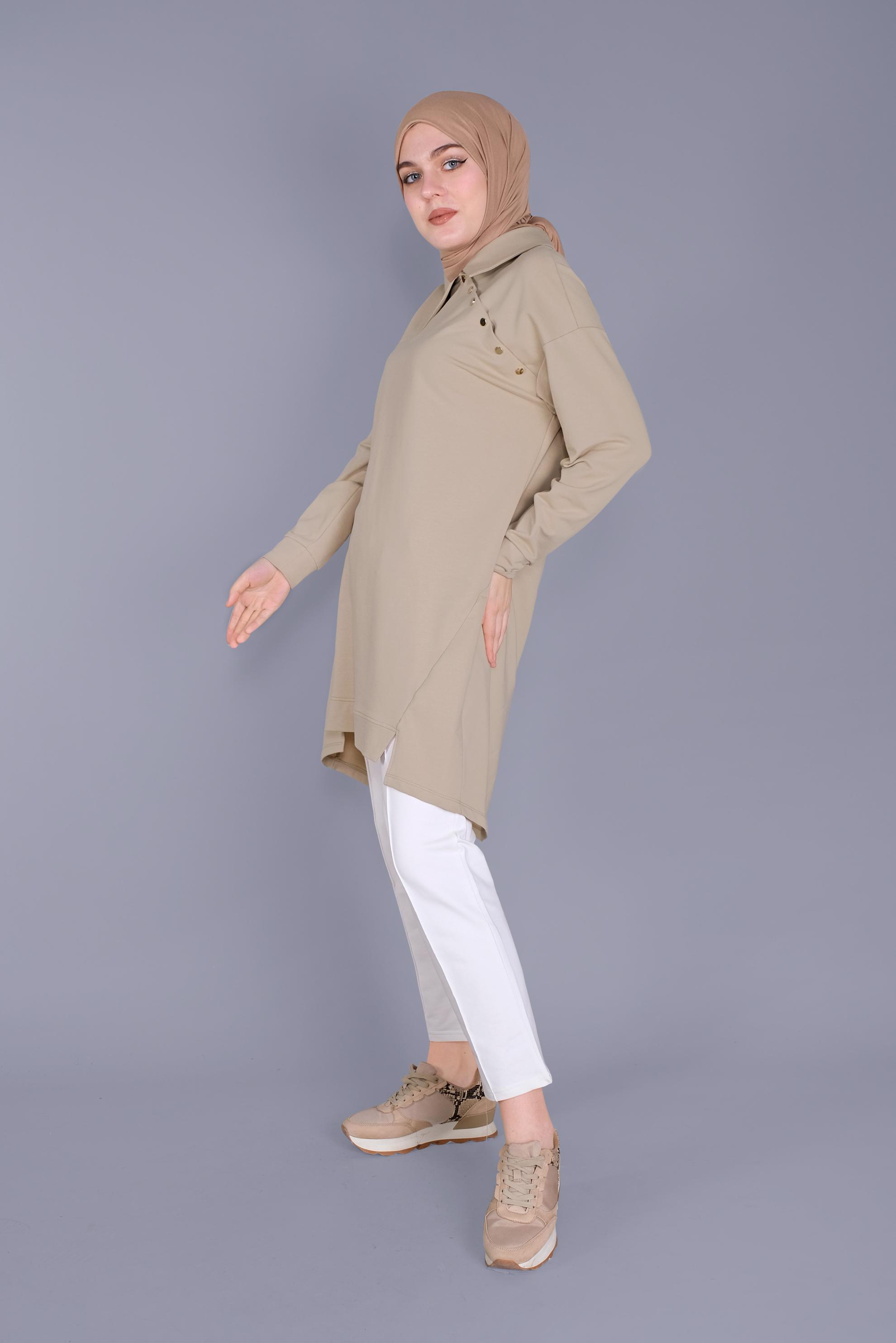 Tesettür giyim BEJ DÜĞME DETAYLI EŞOFMAN TUNİK 41569 