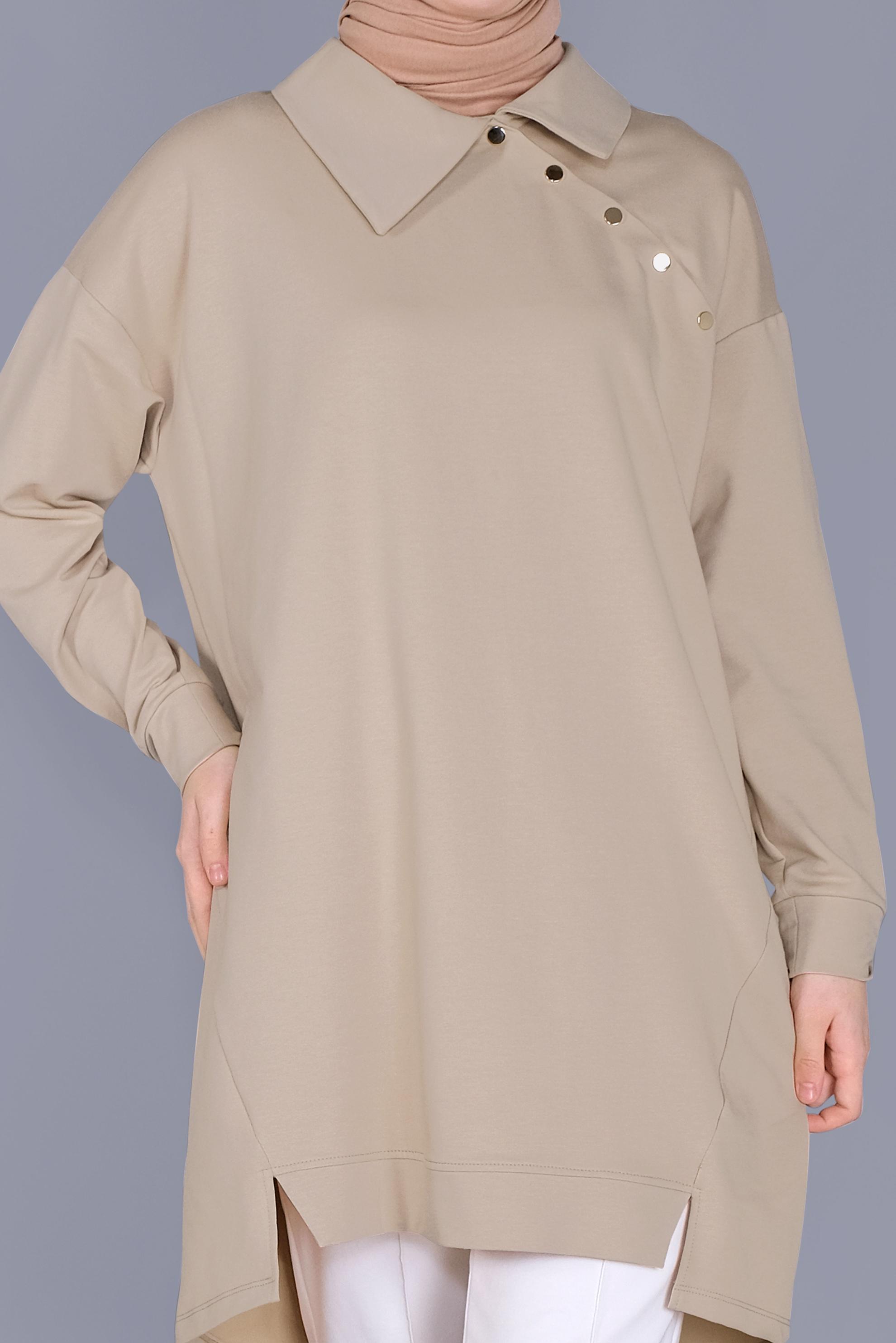 Tesettür giyim BEJ DÜĞME DETAYLI EŞOFMAN TUNİK 41569 