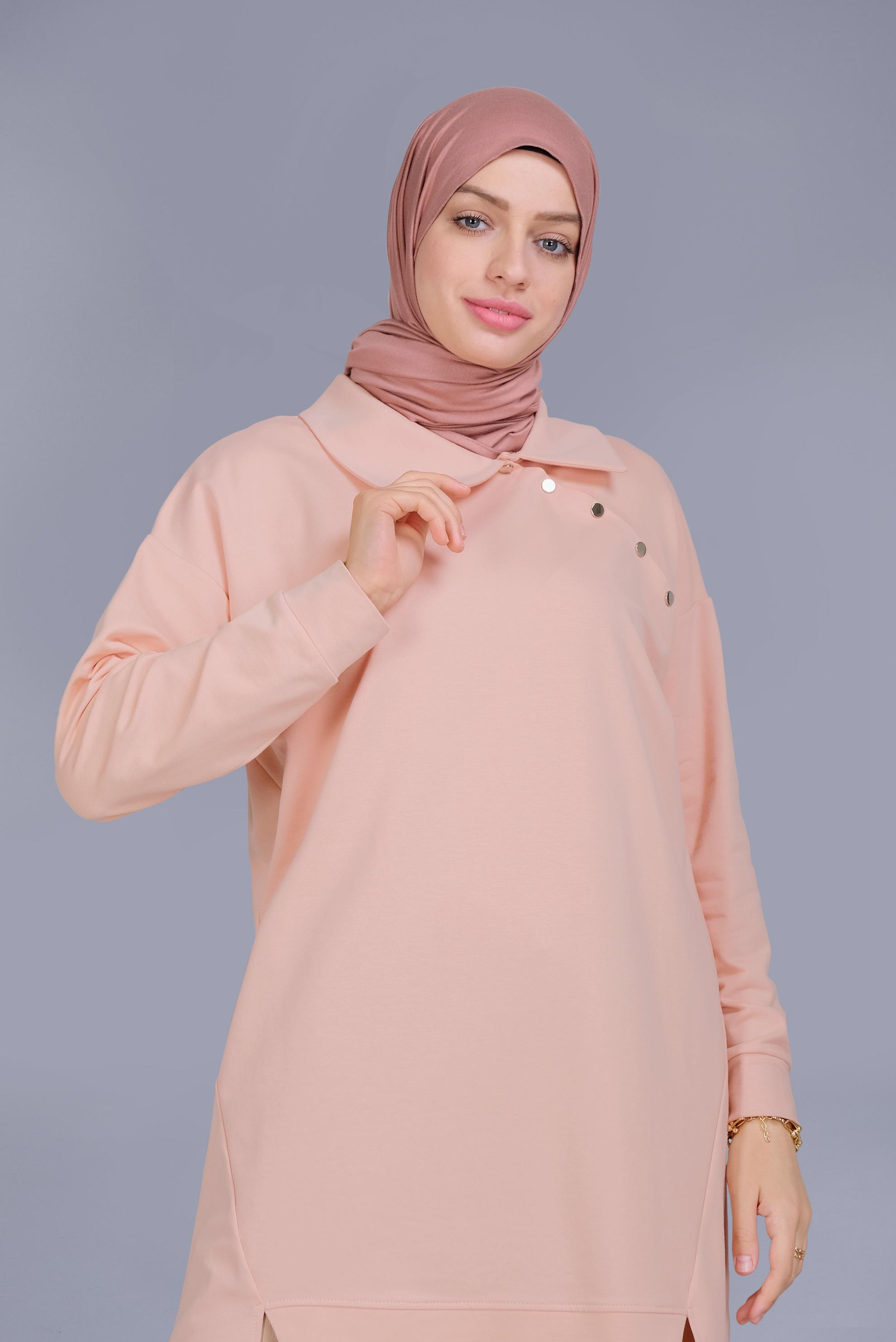 Tesettür giyim PUDRA DÜĞME DETAYLI EŞOFMAN TUNİK 41569 