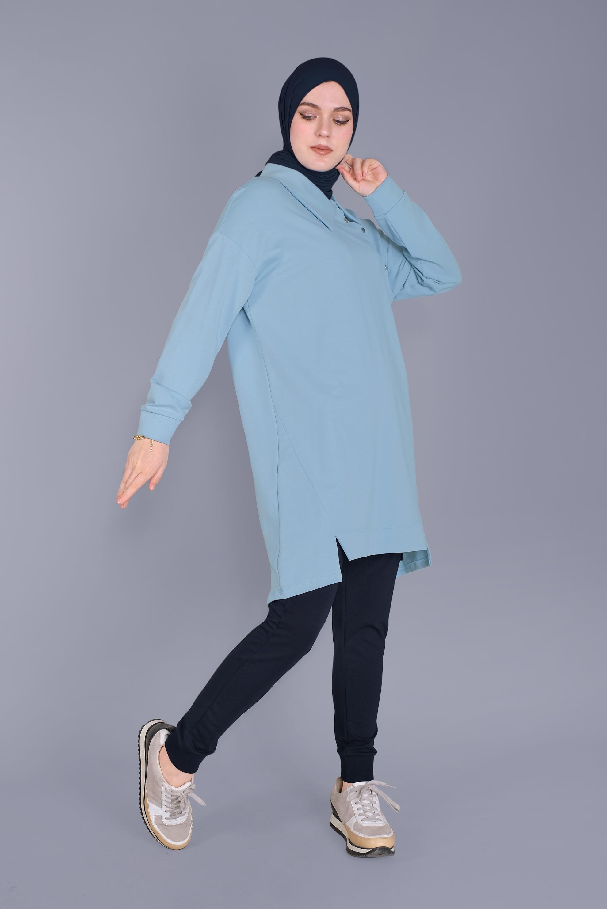 Tesettür giyim MAVİ DÜĞME DETAYLI EŞOFMAN TUNİK 41569 