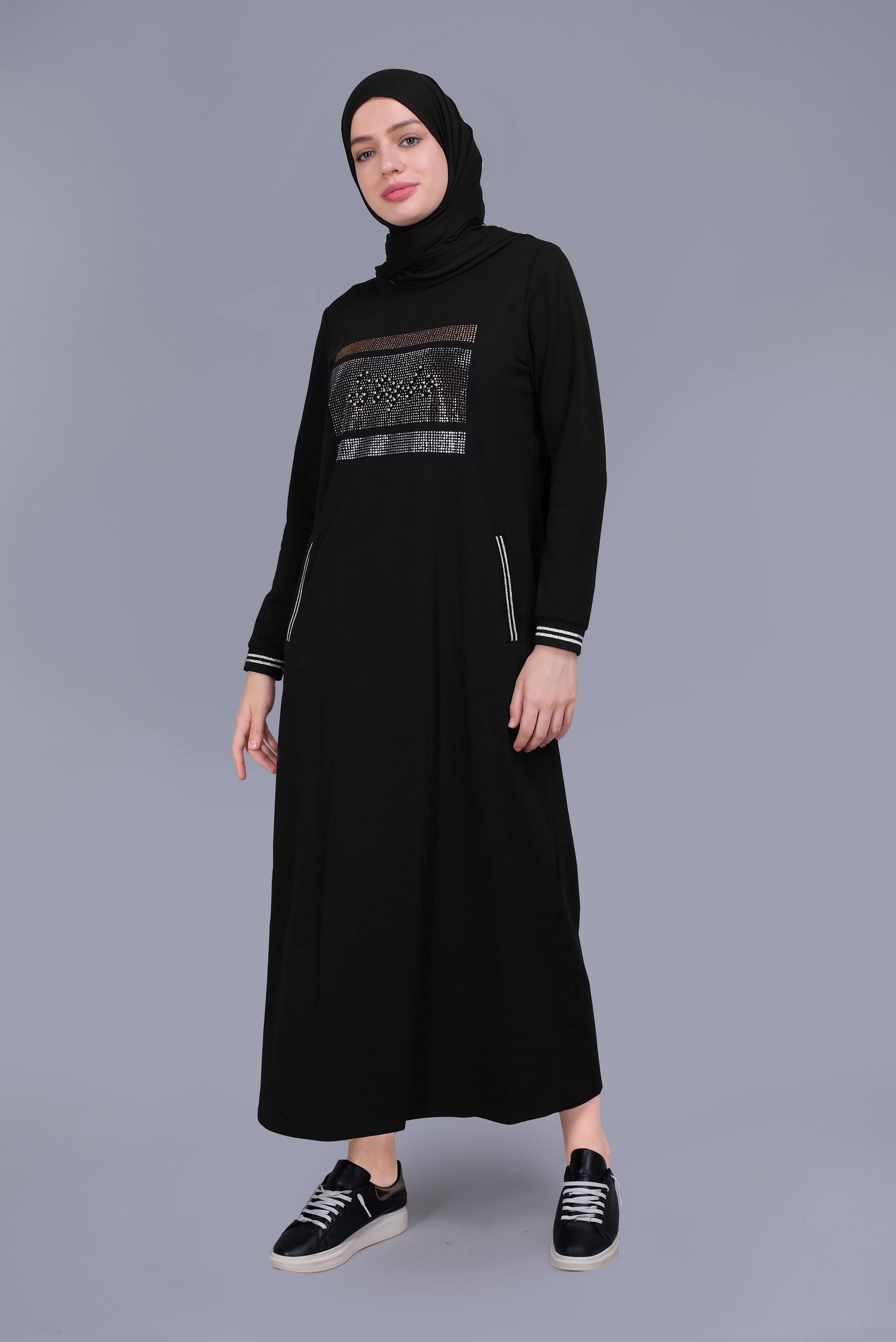 Tesettür giyim SİYAH BONCUKLU TAŞ BASKILI EŞOFMAN ELBİSE  41570