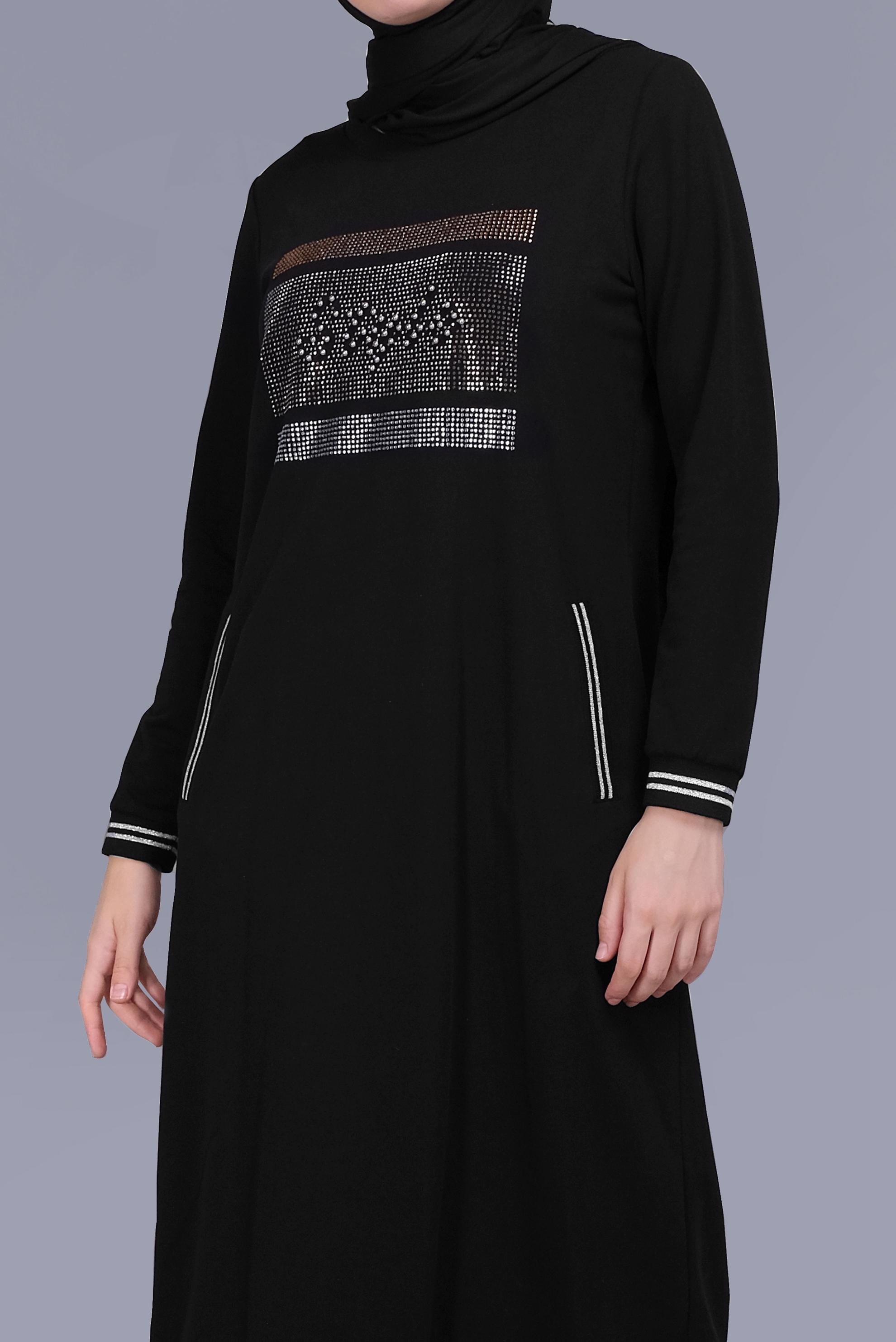 Tesettür giyim SİYAH BONCUKLU TAŞ BASKILI EŞOFMAN ELBİSE  41570