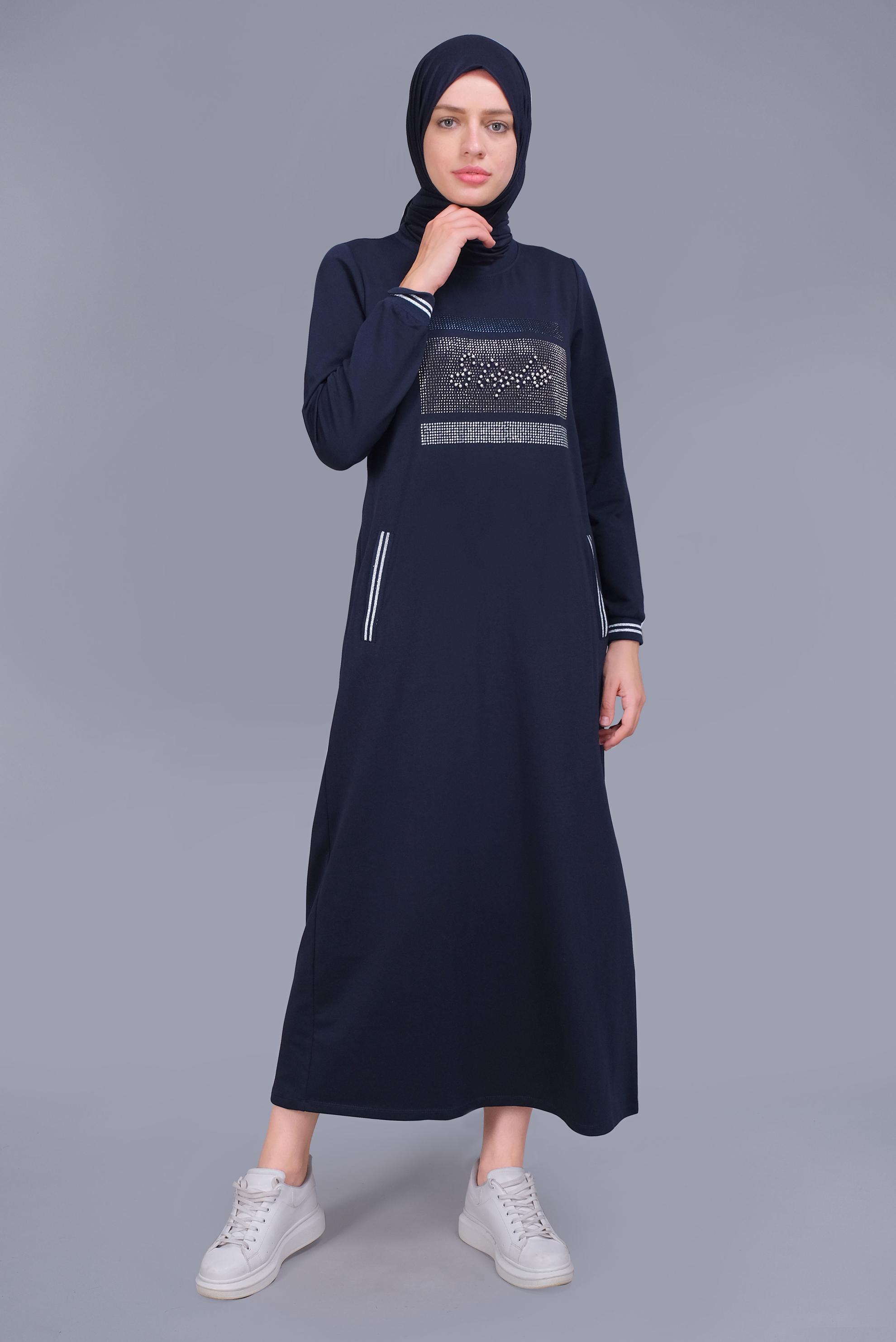 Tesettür giyim LACİVERT BONCUKLU TAŞ BASKILI EŞOFMAN ELBİSE  41570