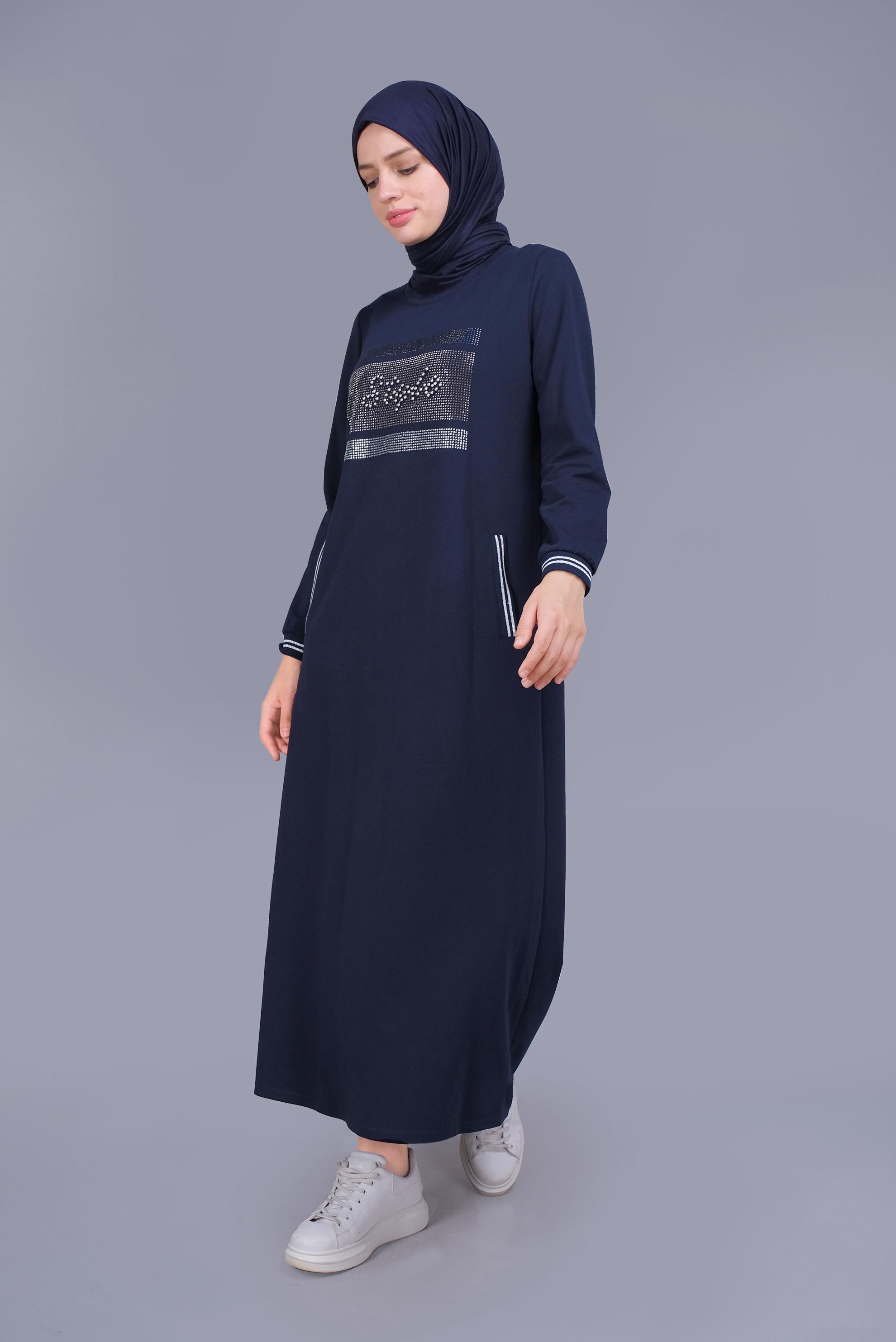 Tesettür giyim LACİVERT BONCUKLU TAŞ BASKILI EŞOFMAN ELBİSE  41570