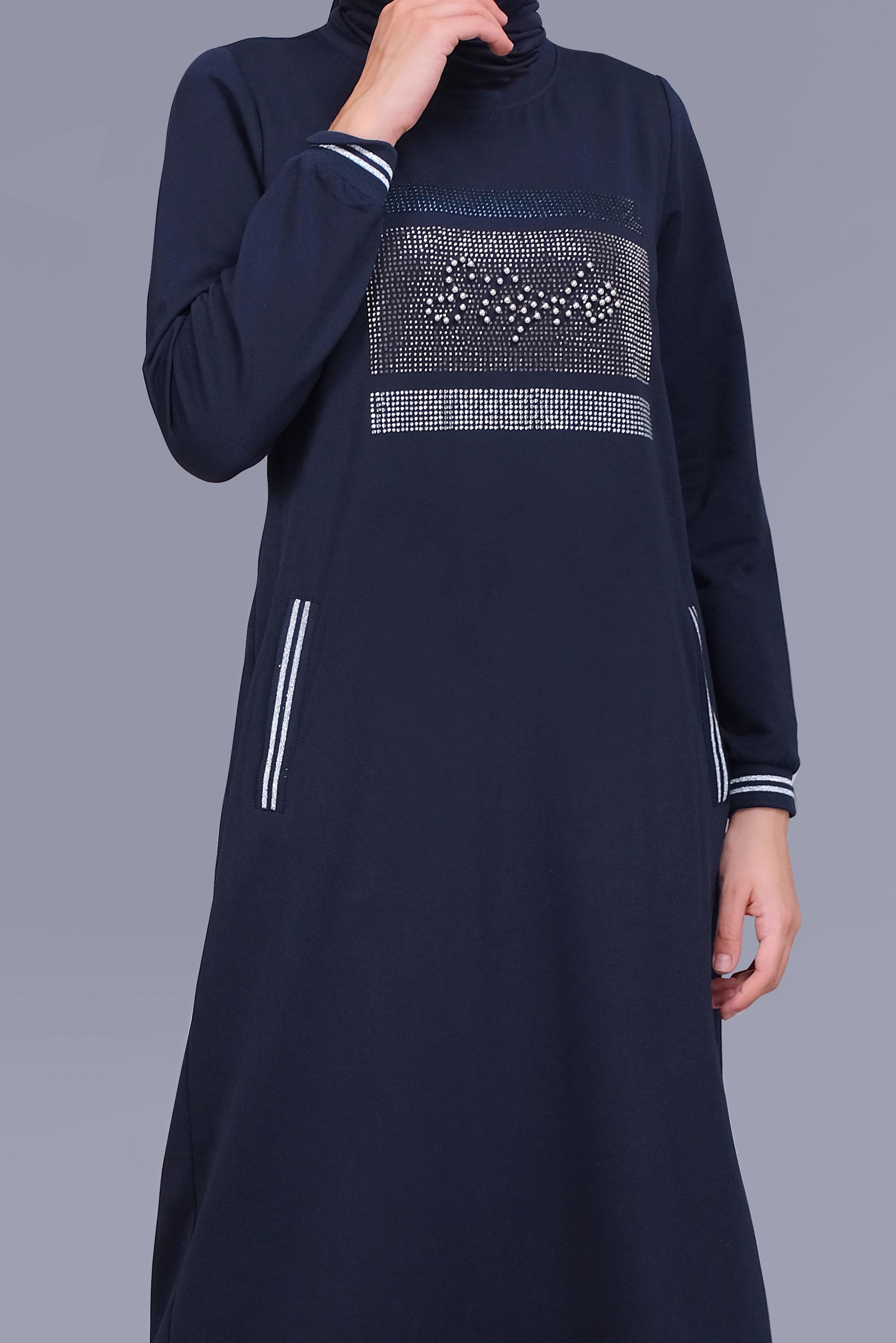 Tesettür giyim LACİVERT BONCUKLU TAŞ BASKILI EŞOFMAN ELBİSE  41570