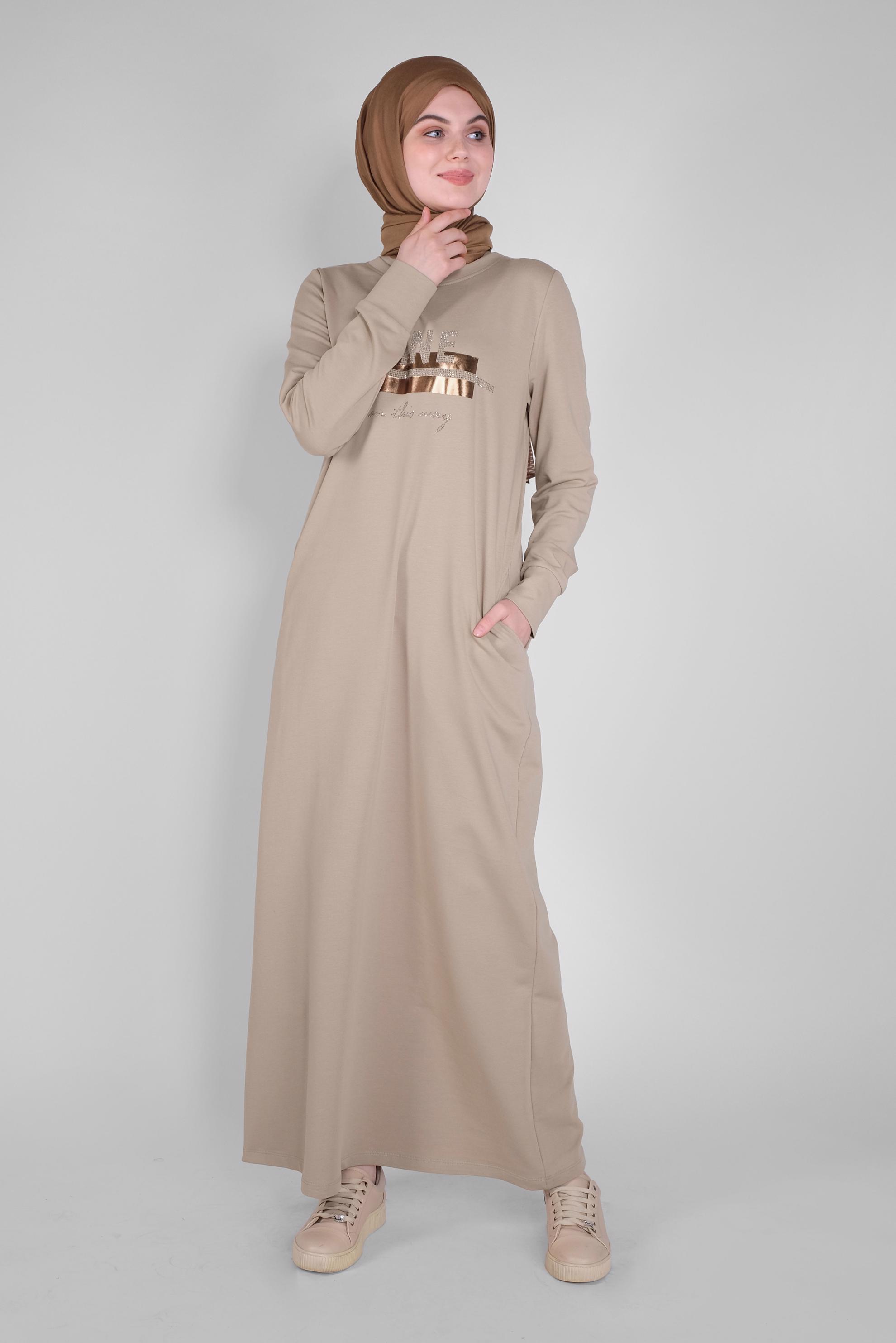 Hijab clothing BEIGE STONE PRINTED TRACKSUIT DRESS 41571 