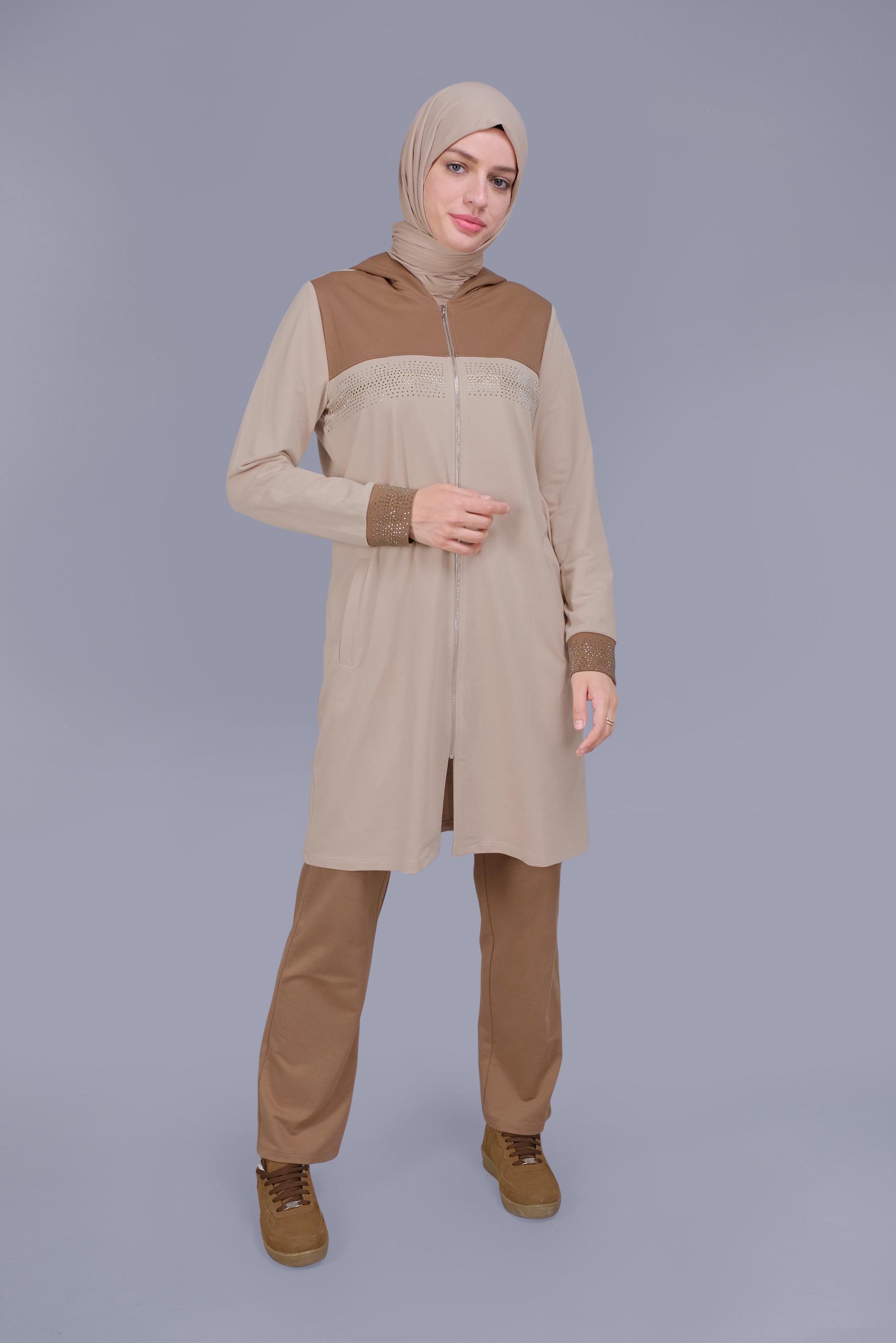 Tesettür giyim BEJ BASKILI FERMUARLI İKİLİ PANTOLONLU TAKIM 41572 