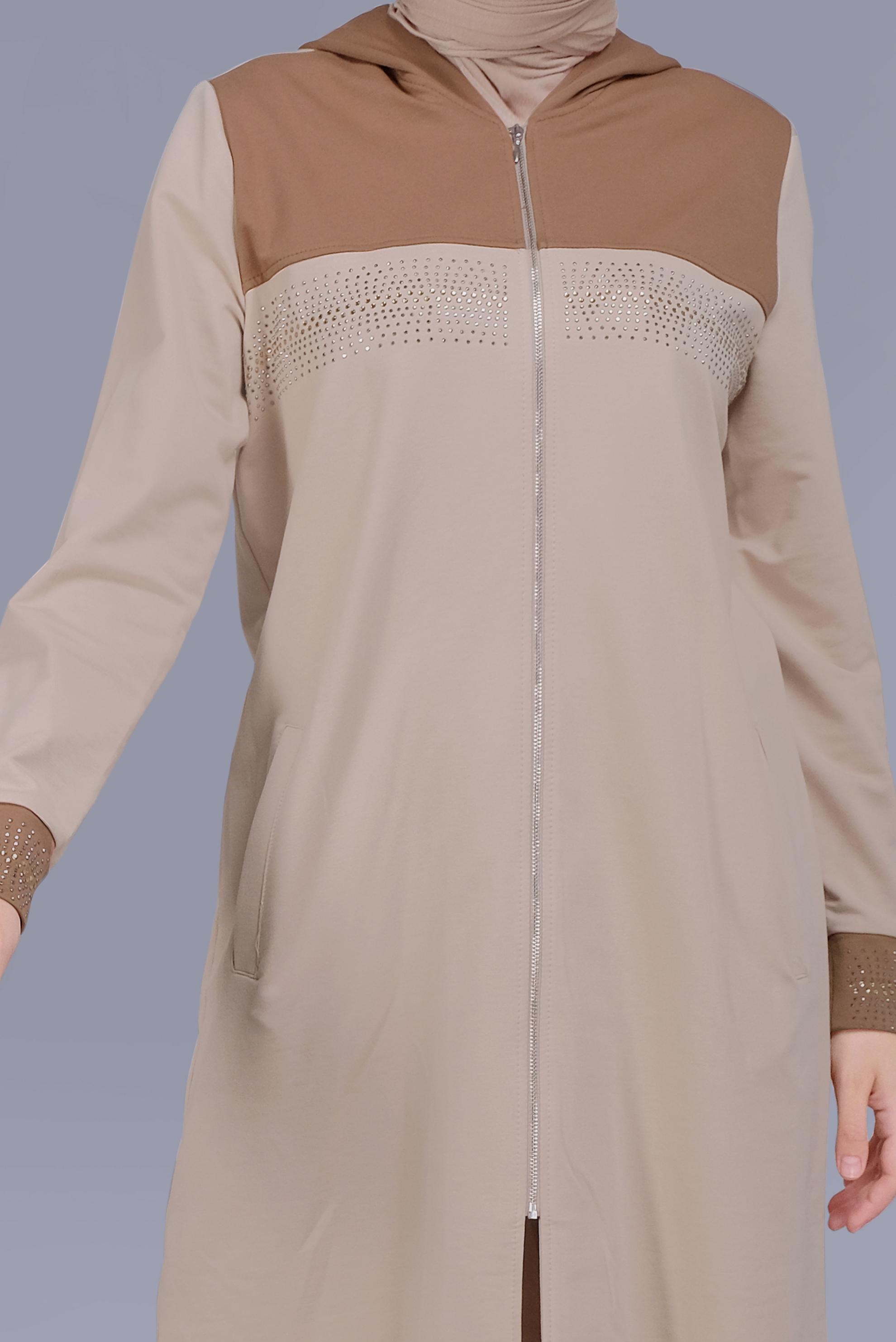 Tesettür giyim BEJ BASKILI FERMUARLI İKİLİ PANTOLONLU TAKIM 41572 