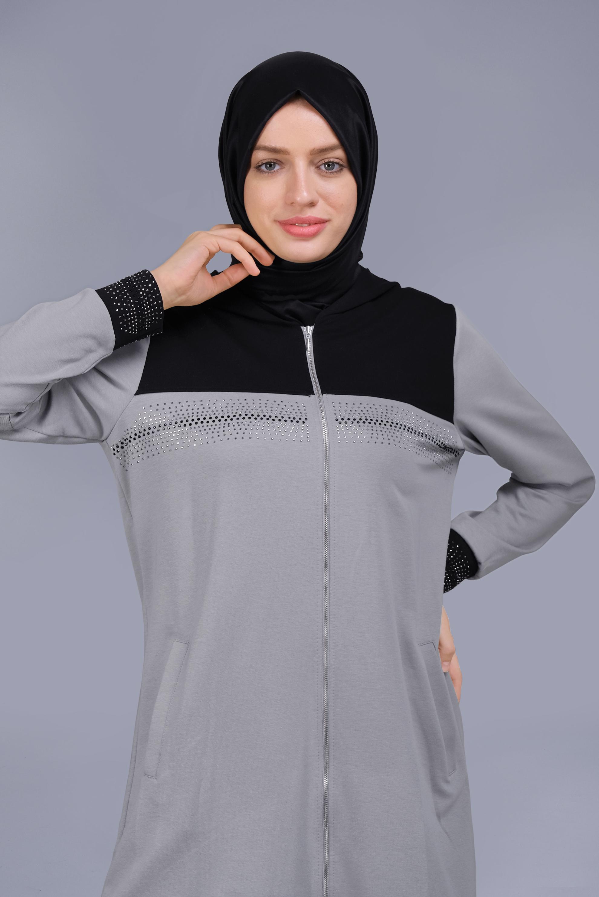 Tesettür giyim GÜMÜŞ BASKILI FERMUARLI İKİLİ PANTOLONLU TAKIM 41572 