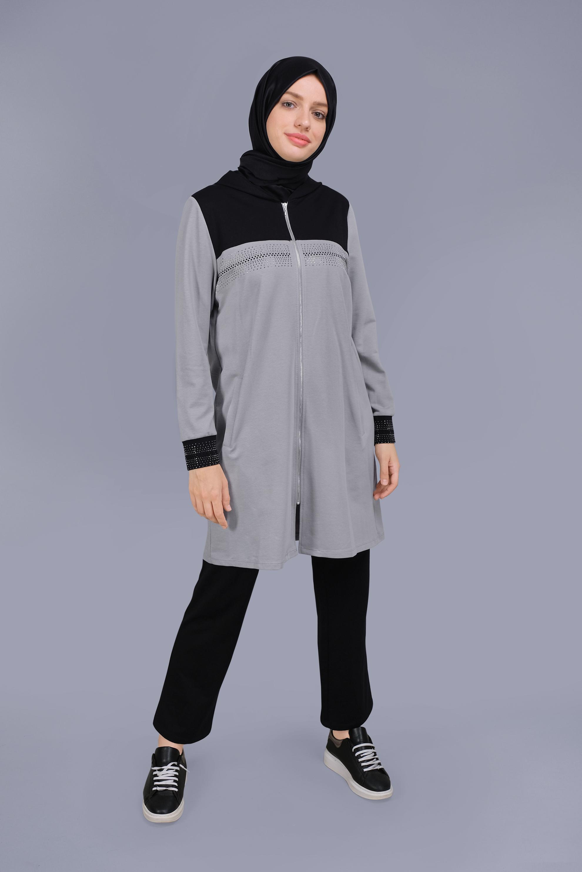 Tesettür giyim GÜMÜŞ BASKILI FERMUARLI İKİLİ PANTOLONLU TAKIM 41572 