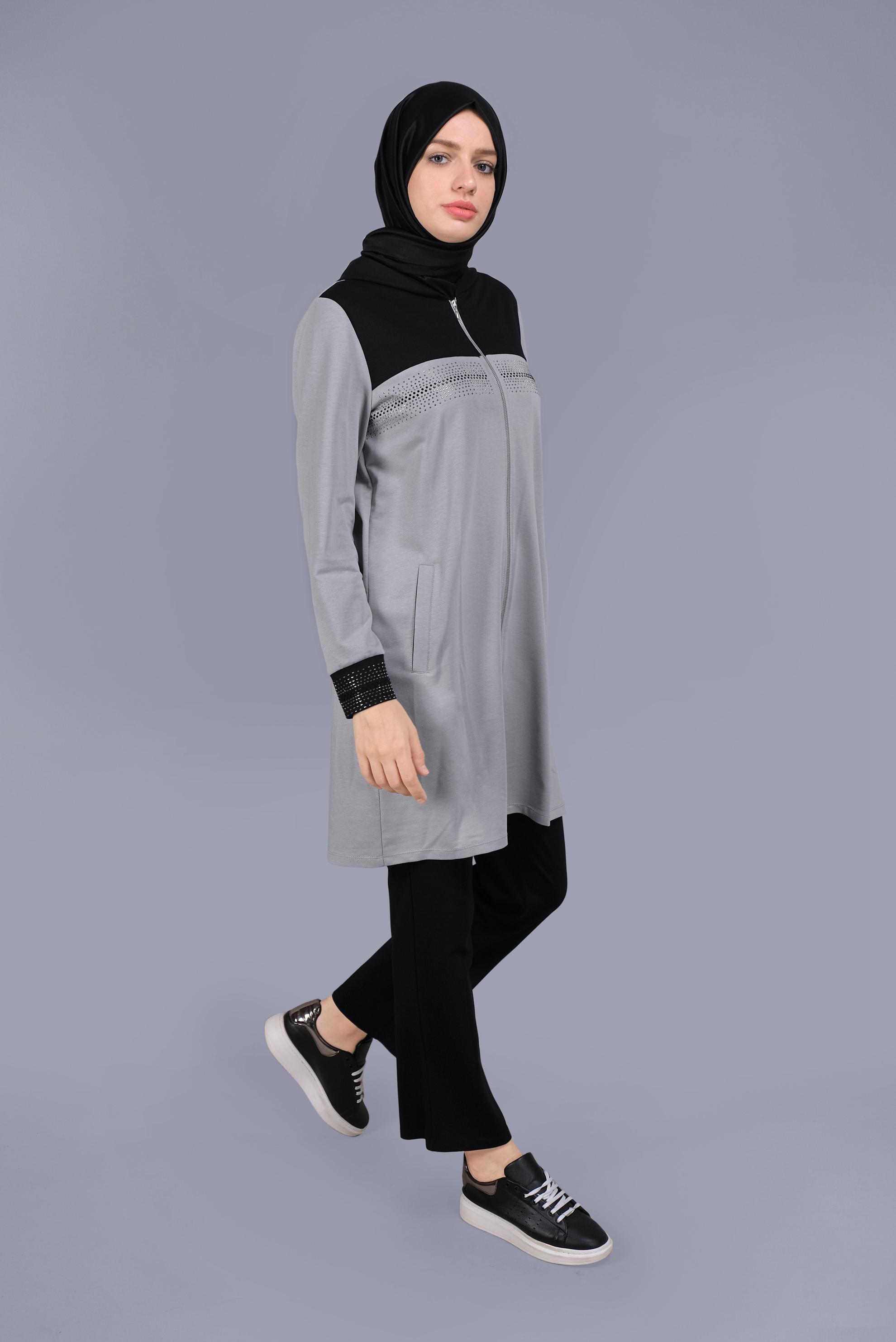 Tesettür giyim GÜMÜŞ BASKILI FERMUARLI İKİLİ PANTOLONLU TAKIM 41572 