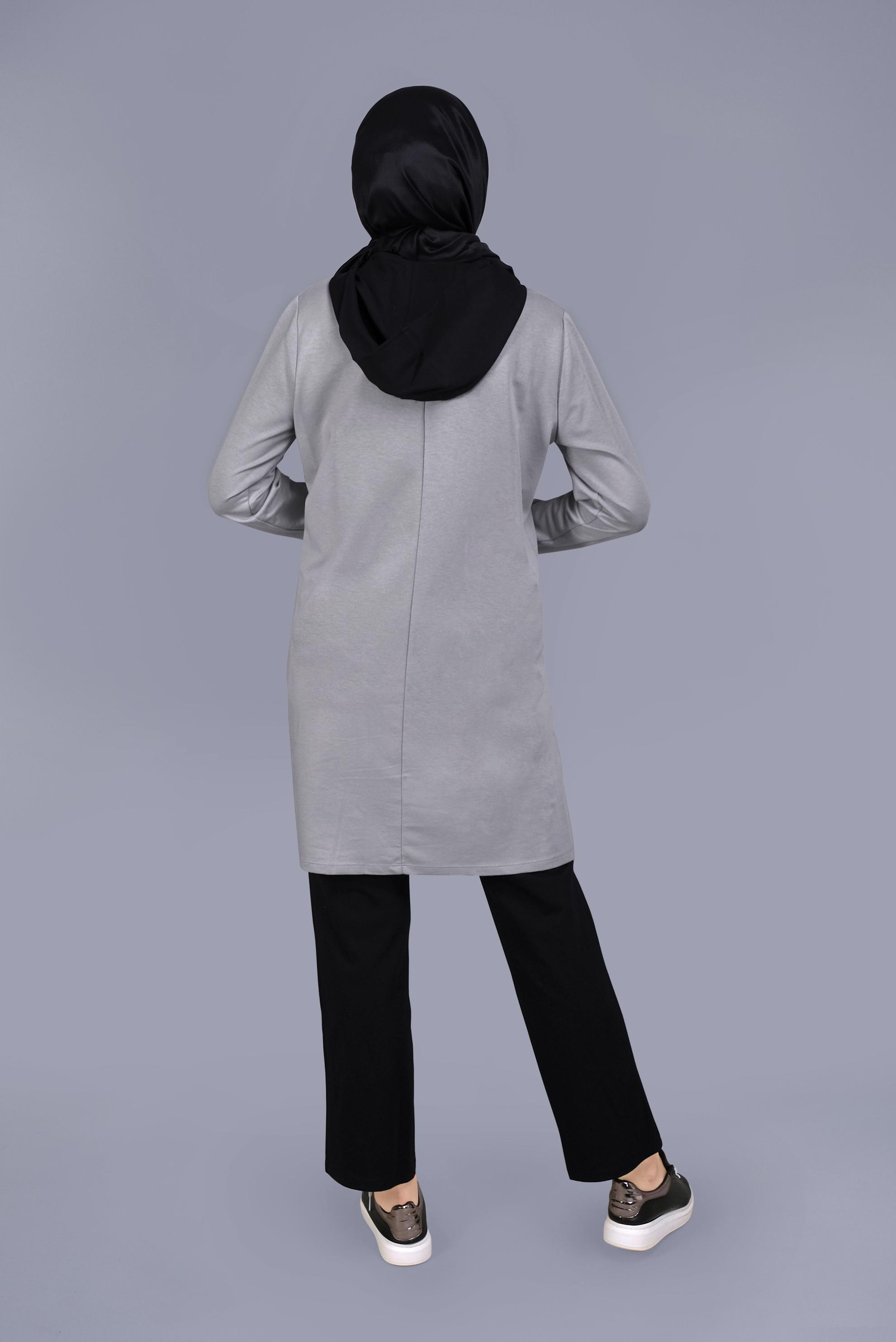 Tesettür giyim GÜMÜŞ BASKILI FERMUARLI İKİLİ PANTOLONLU TAKIM 41572 