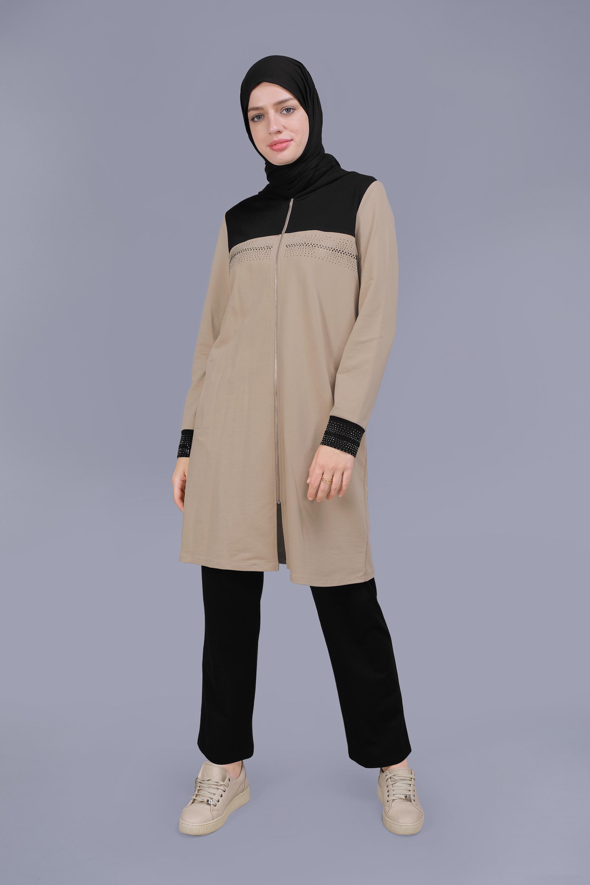 Tesettür giyim BEJ BASKILI FERMUARLI İKİLİ PANTOLONLU TAKIM 41572 