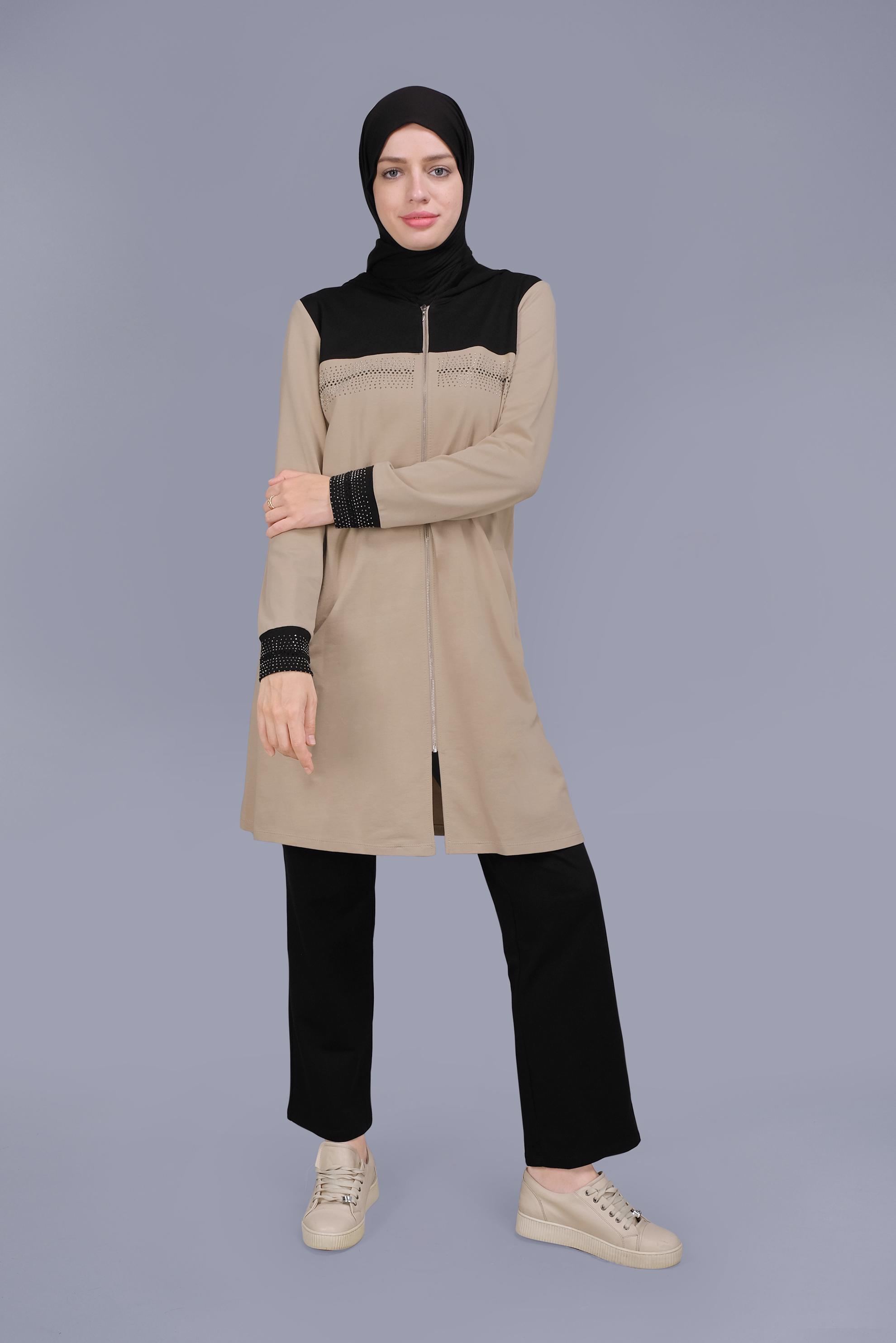 Tesettür giyim BEJ BASKILI FERMUARLI İKİLİ PANTOLONLU TAKIM 41572 