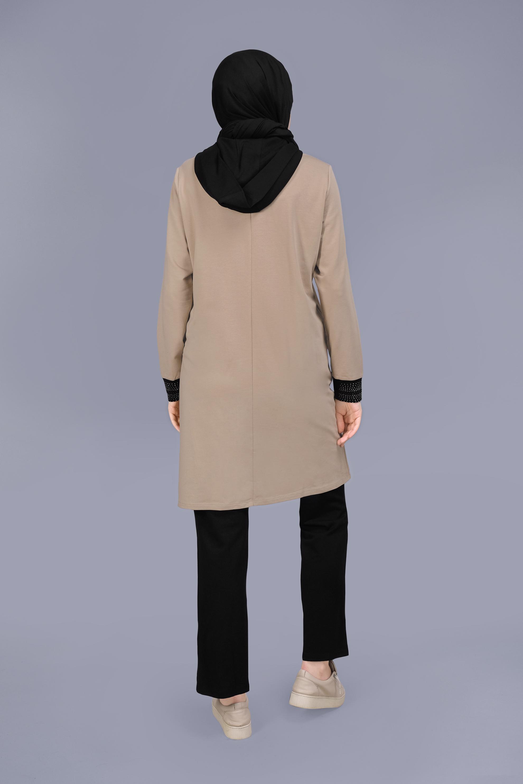 Tesettür giyim BEJ BASKILI FERMUARLI İKİLİ PANTOLONLU TAKIM 41572 