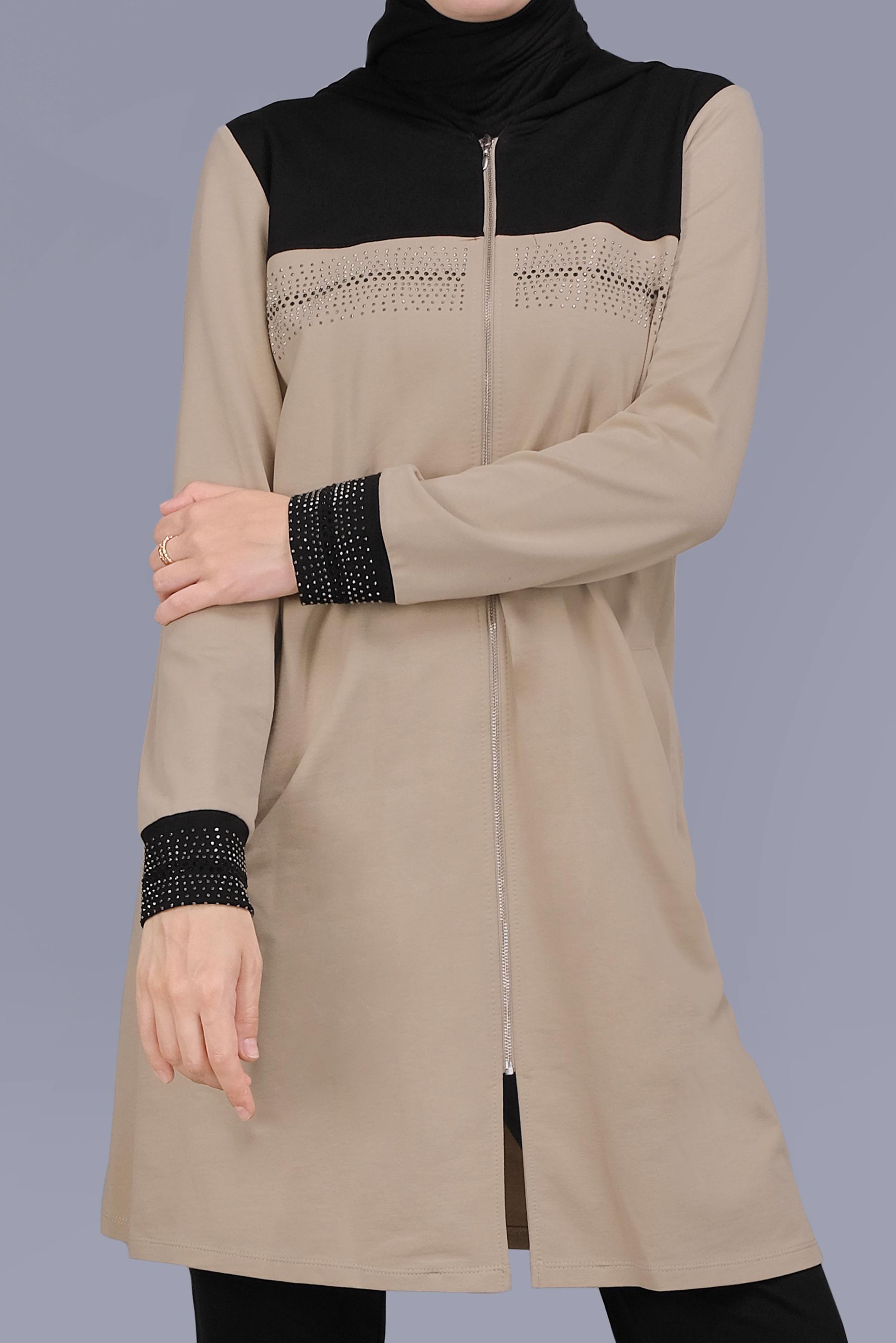 Tesettür giyim BEJ BASKILI FERMUARLI İKİLİ PANTOLONLU TAKIM 41572 