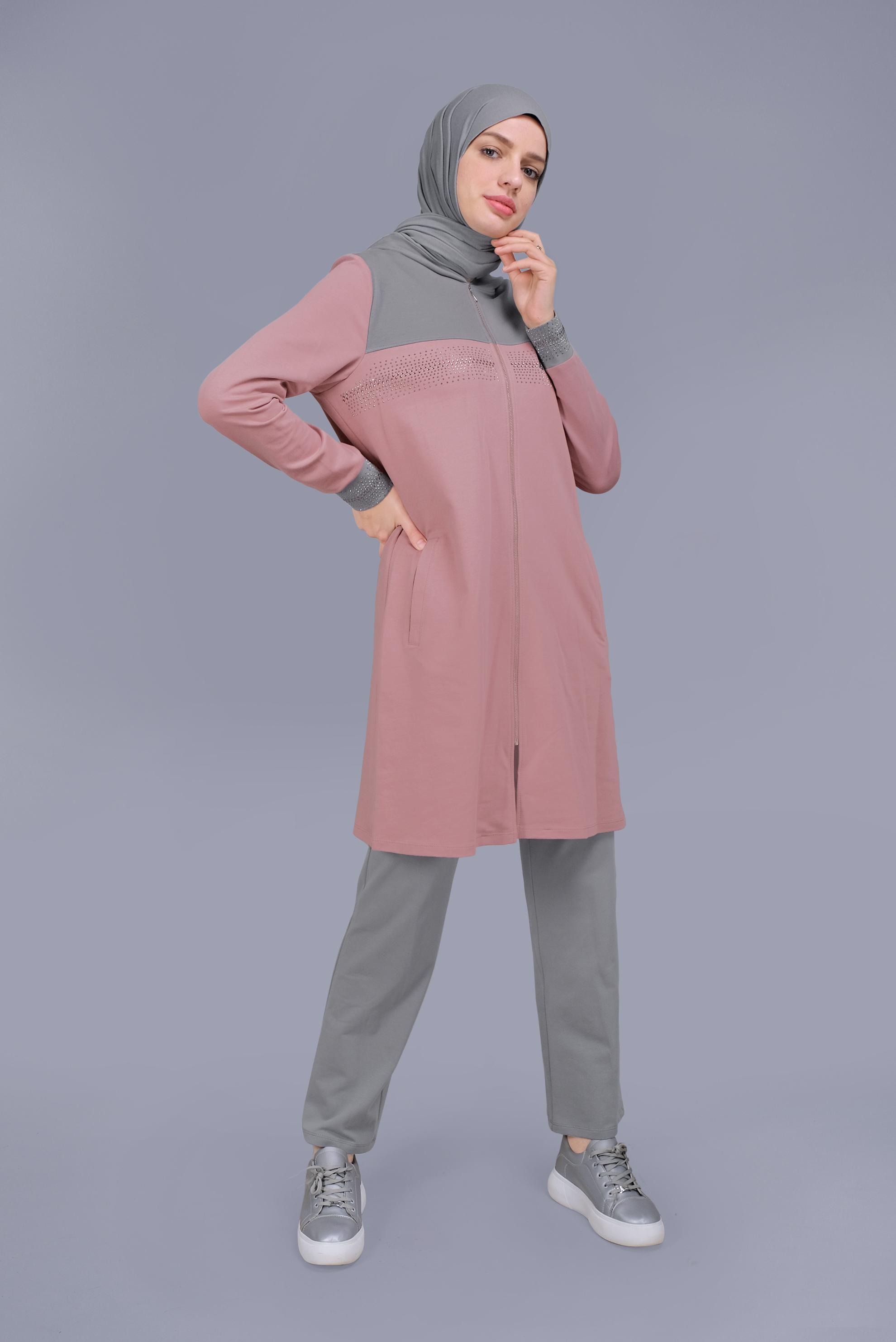 Tesettür giyim PEMBE BASKILI FERMUARLI İKİLİ PANTOLONLU TAKIM 41572 