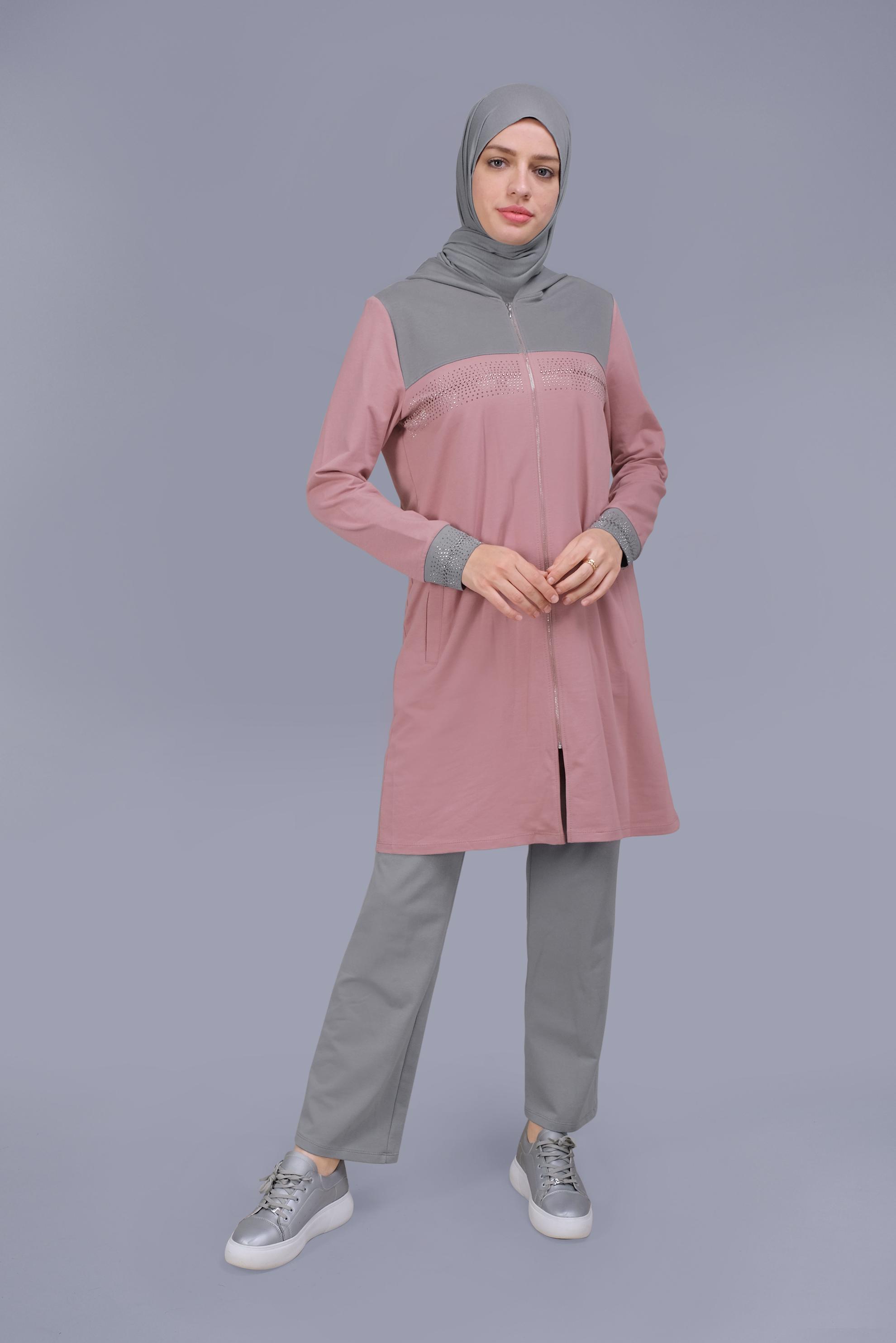 Tesettür giyim PEMBE BASKILI FERMUARLI İKİLİ PANTOLONLU TAKIM 41572 