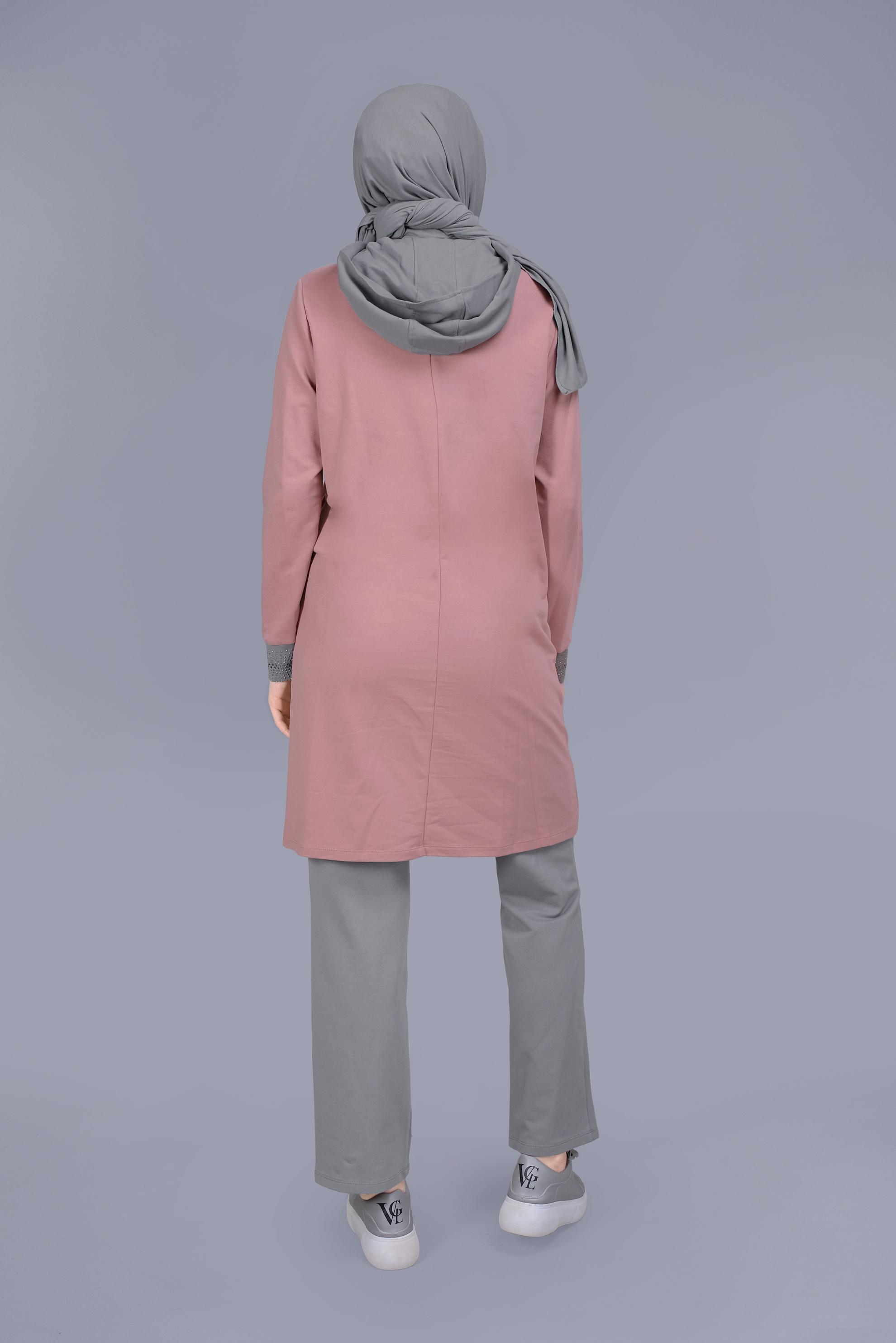 Tesettür giyim PEMBE BASKILI FERMUARLI İKİLİ PANTOLONLU TAKIM 41572 