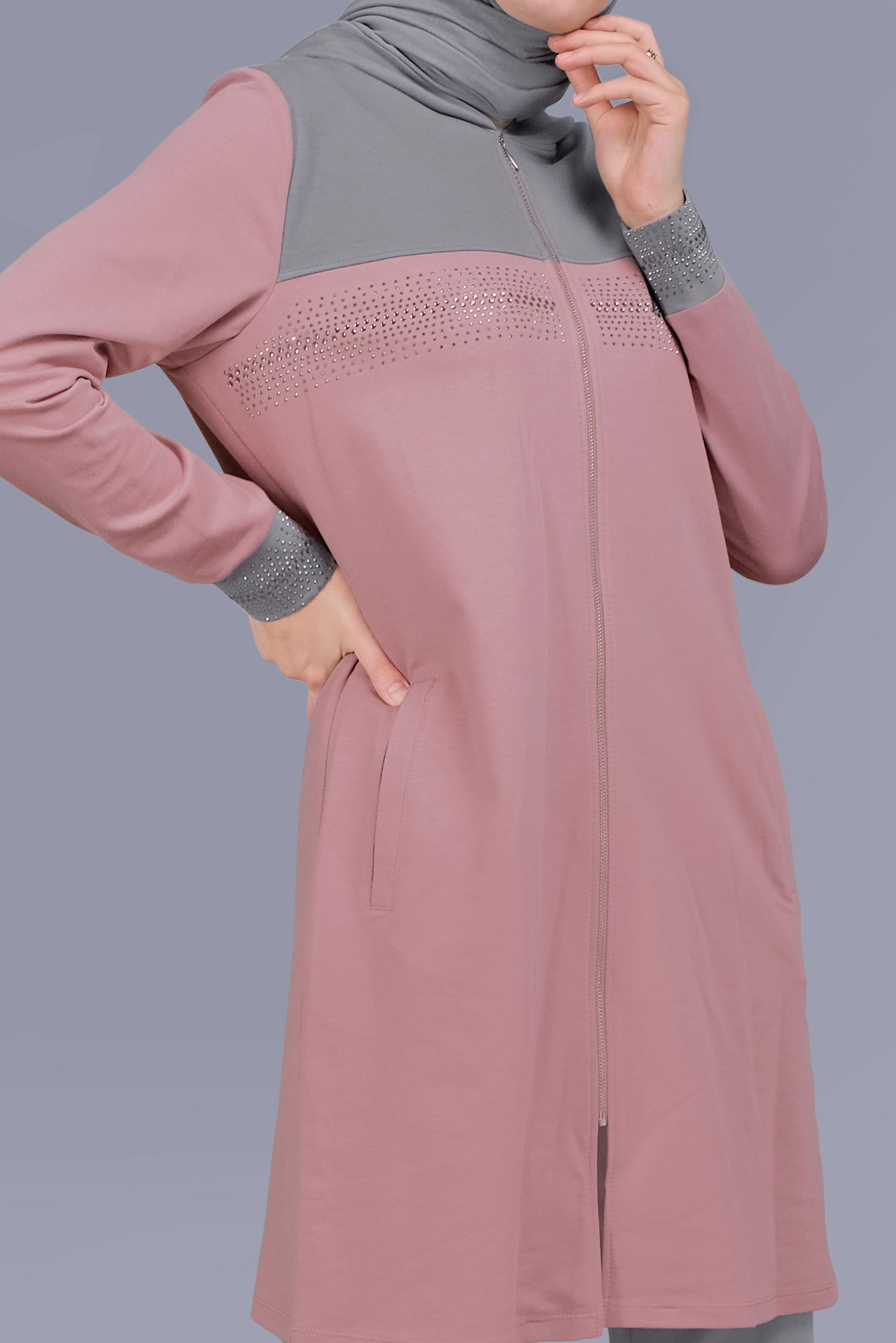 Tesettür giyim PEMBE BASKILI FERMUARLI İKİLİ PANTOLONLU TAKIM 41572 