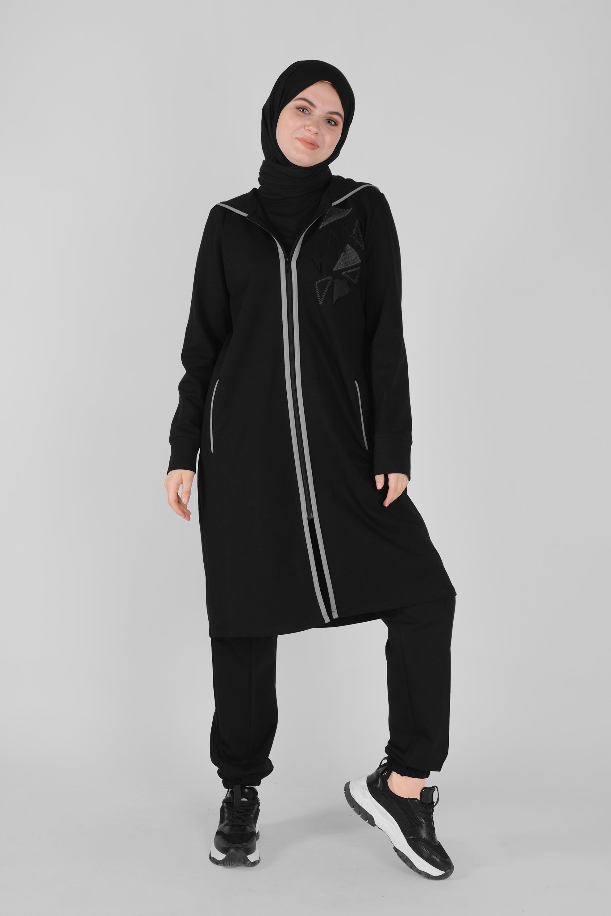 Tesettür giyim SİYAH NAKIŞLI EŞOFMAN TUNİK 41573 