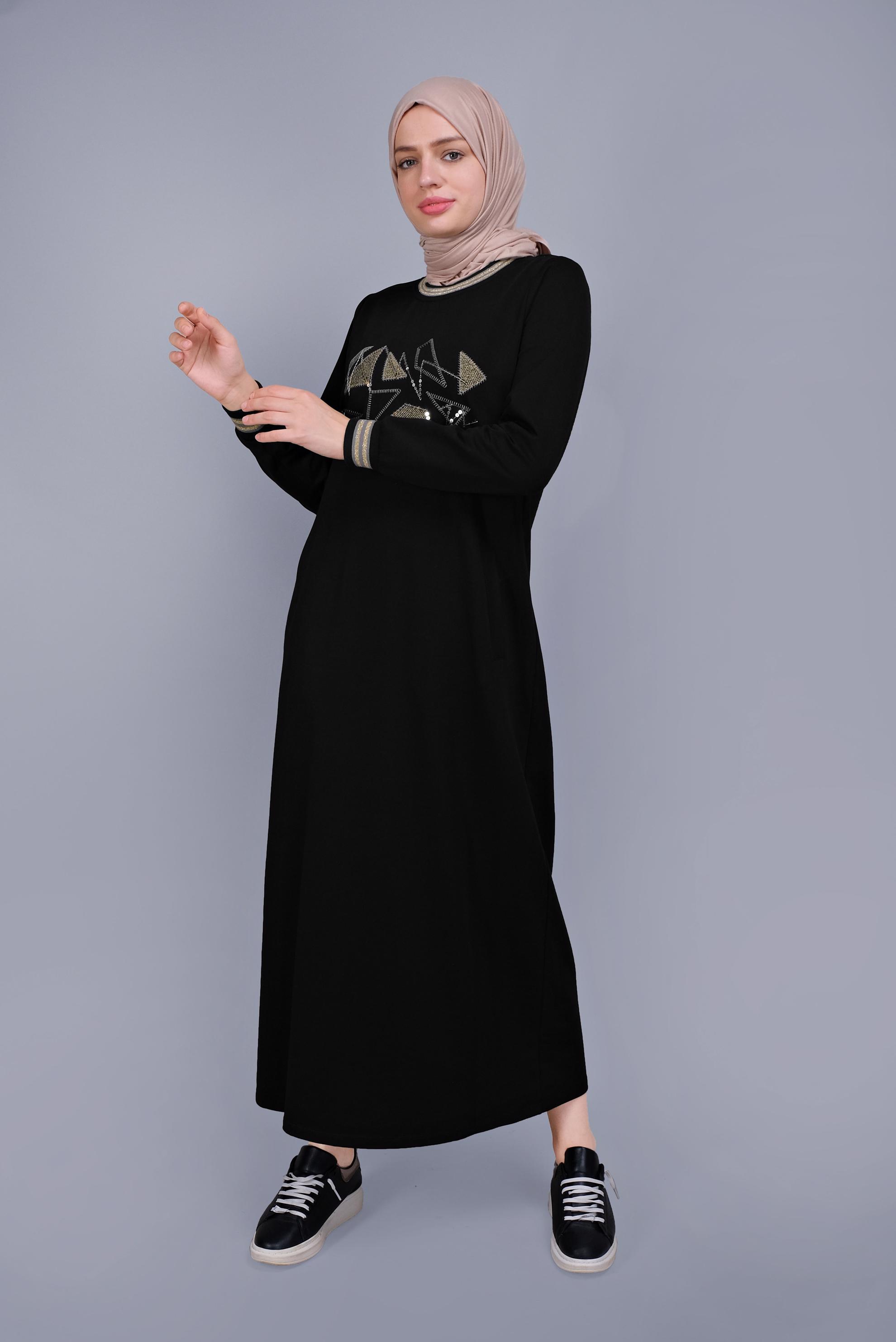 Hijab clothing BLACK SEQUINNED EMBROIDERED TRACKSUIT DRESS 41612 