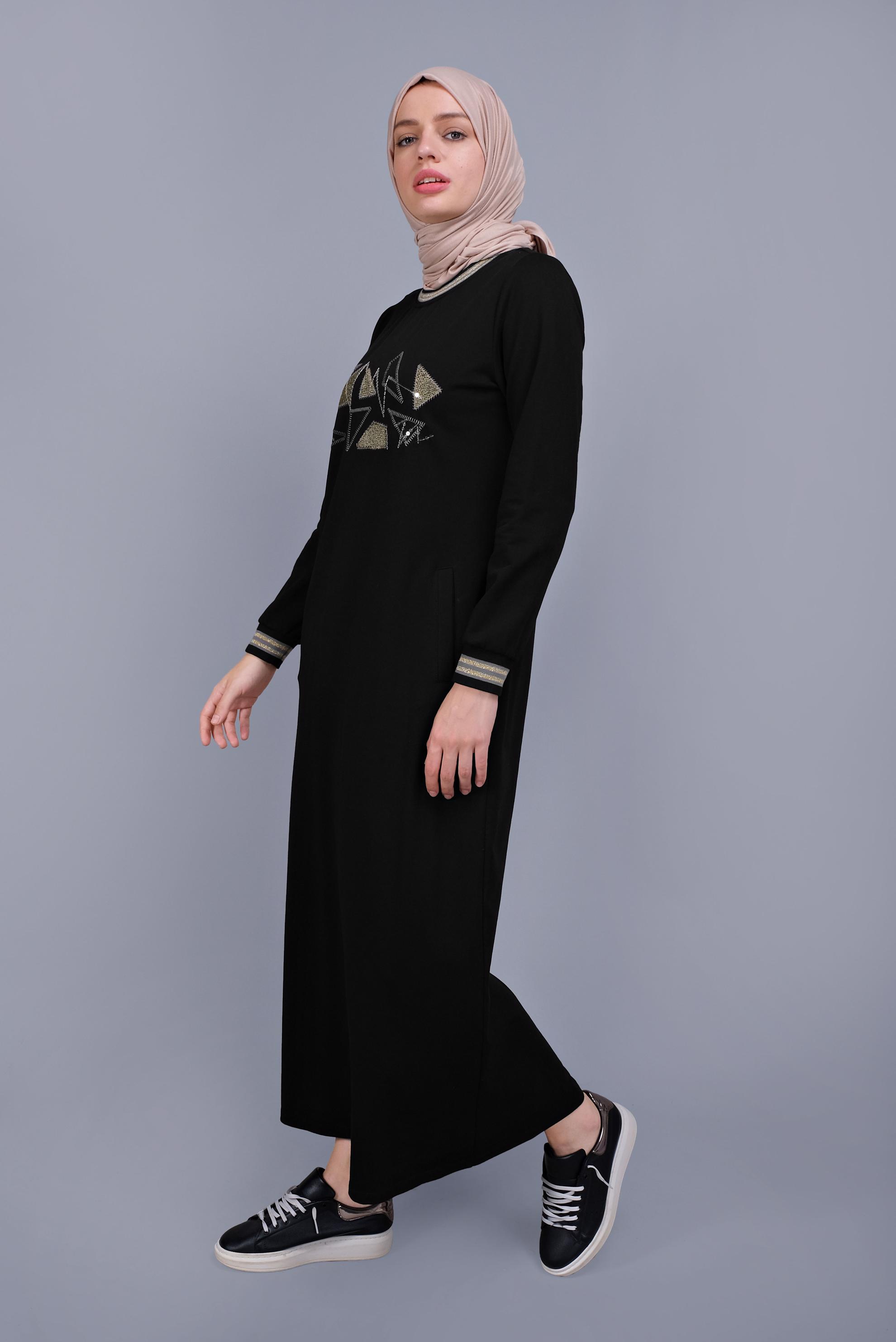 Hijab clothing BLACK SEQUINNED EMBROIDERED TRACKSUIT DRESS 41612 