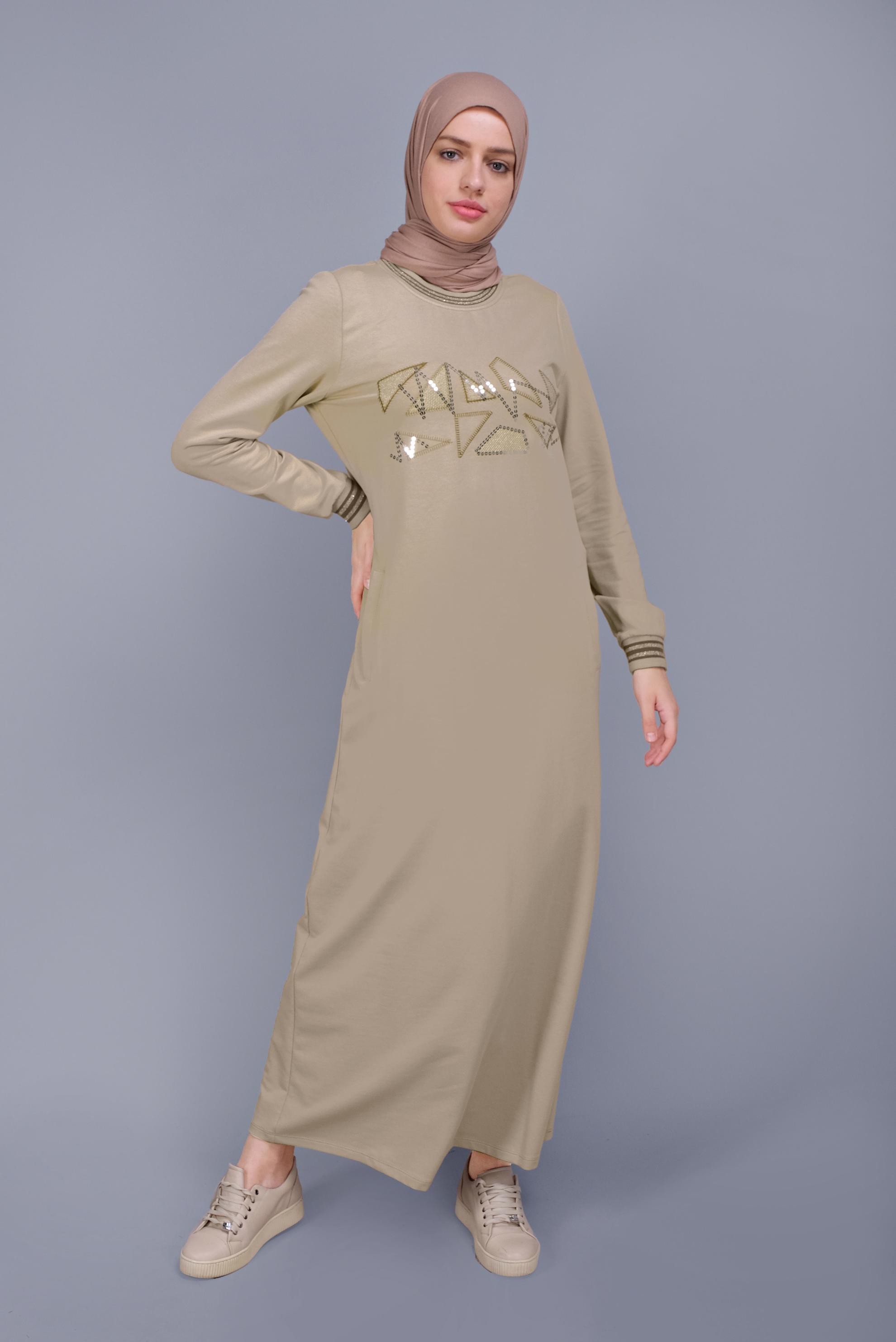 Hijab clothing BEIGE SEQUINNED EMBROIDERED TRACKSUIT DRESS 41612 