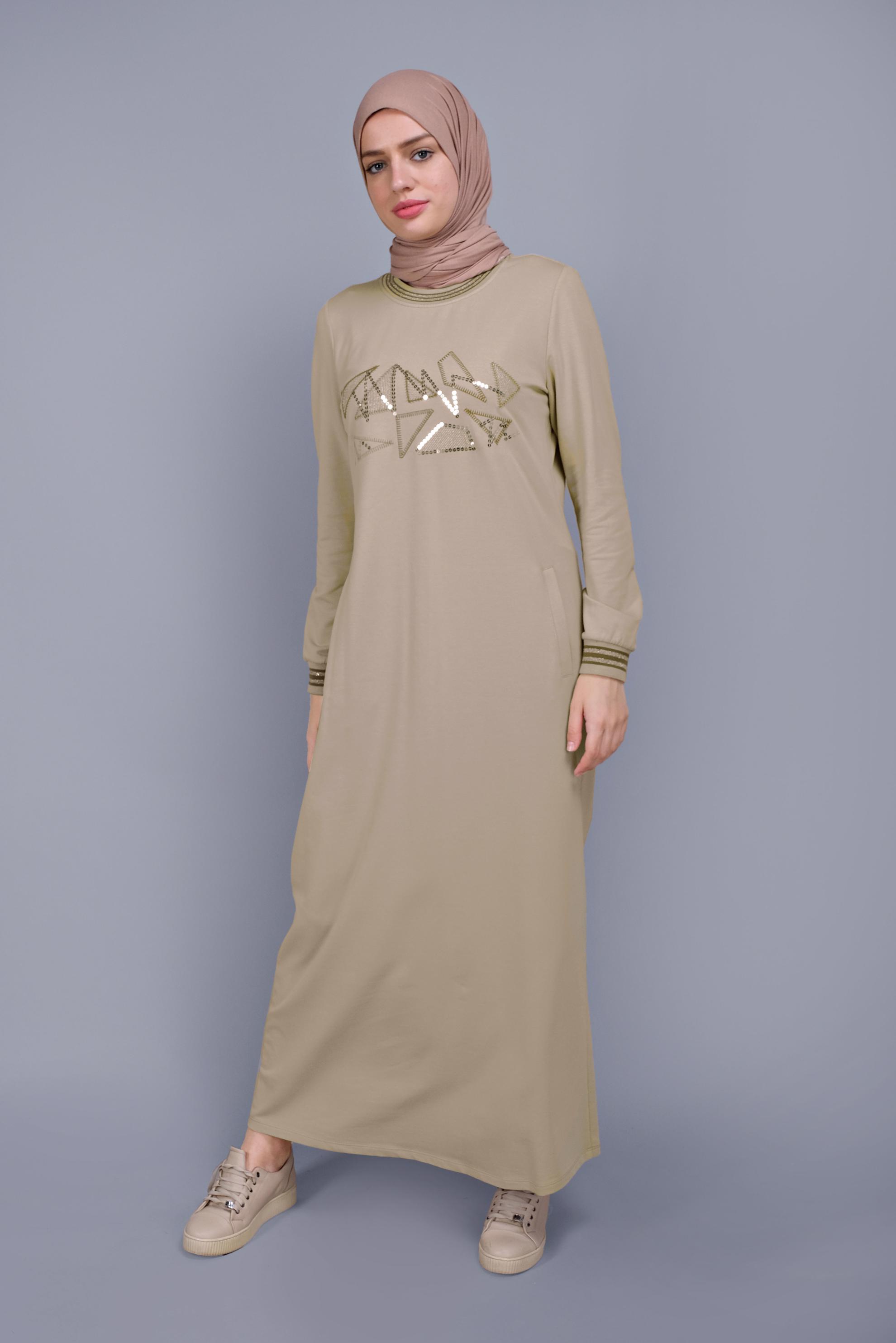 Hijab clothing BEIGE SEQUINNED EMBROIDERED TRACKSUIT DRESS 41612 