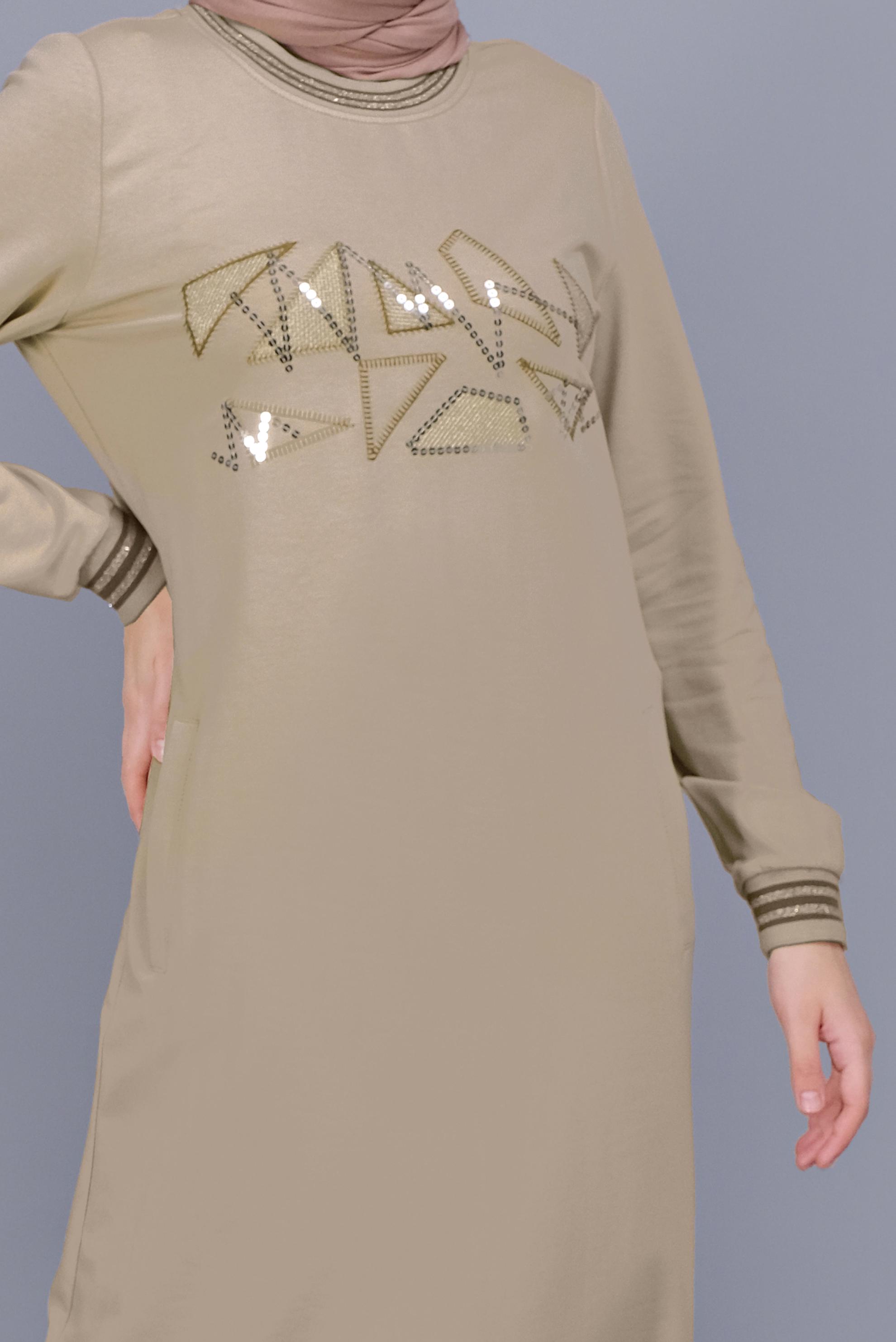 Hijab clothing BEIGE SEQUINNED EMBROIDERED TRACKSUIT DRESS 41612 