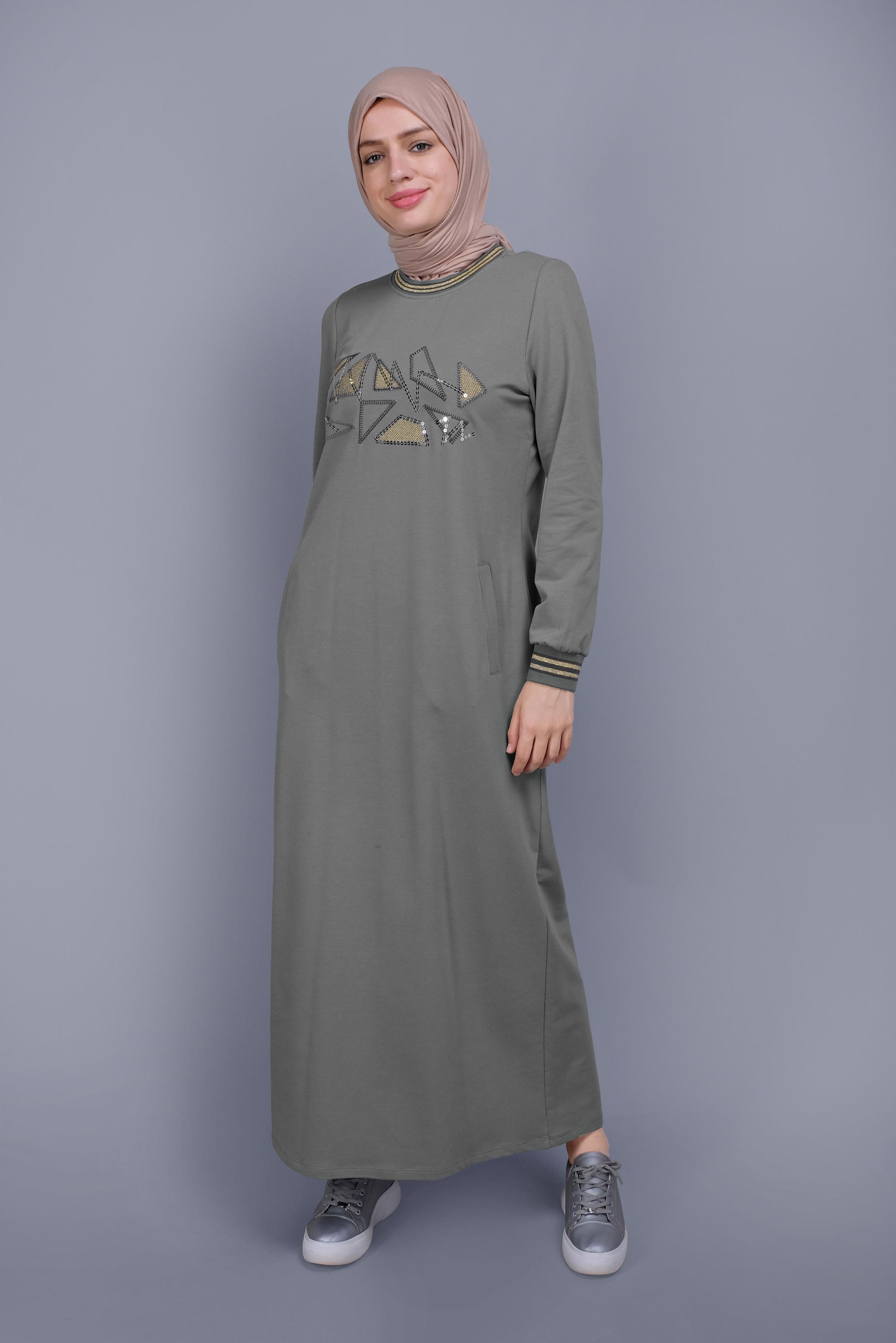 Tesettür giyim GRİ PULLU NAKIŞLI EŞOFMAN ELBİSE 41612 