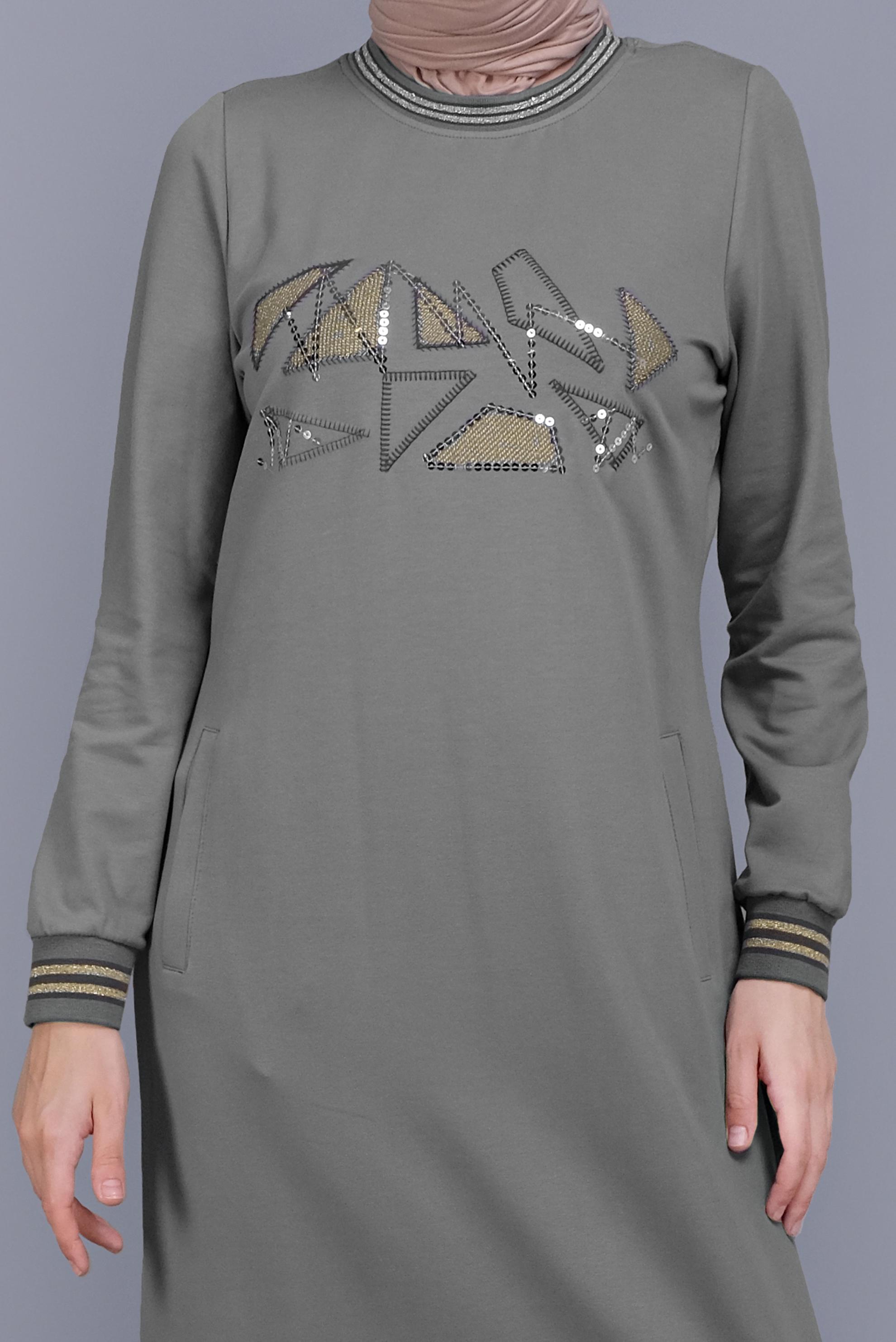 Tesettür giyim GRİ PULLU NAKIŞLI EŞOFMAN ELBİSE 41612 