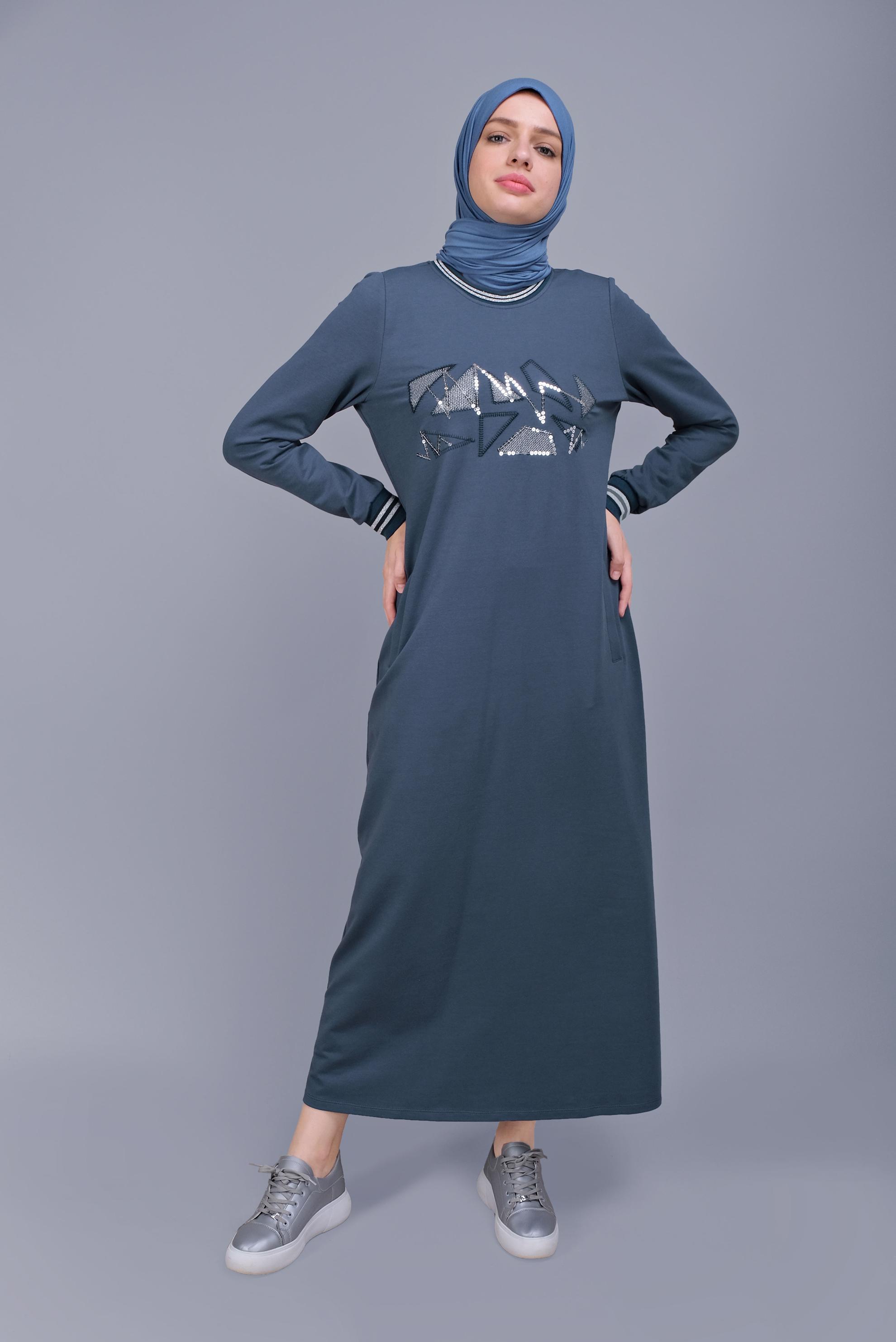 Hijab clothing NAVY BLUE SEQUINNED EMBROIDERED TRACKSUIT DRESS 41612 