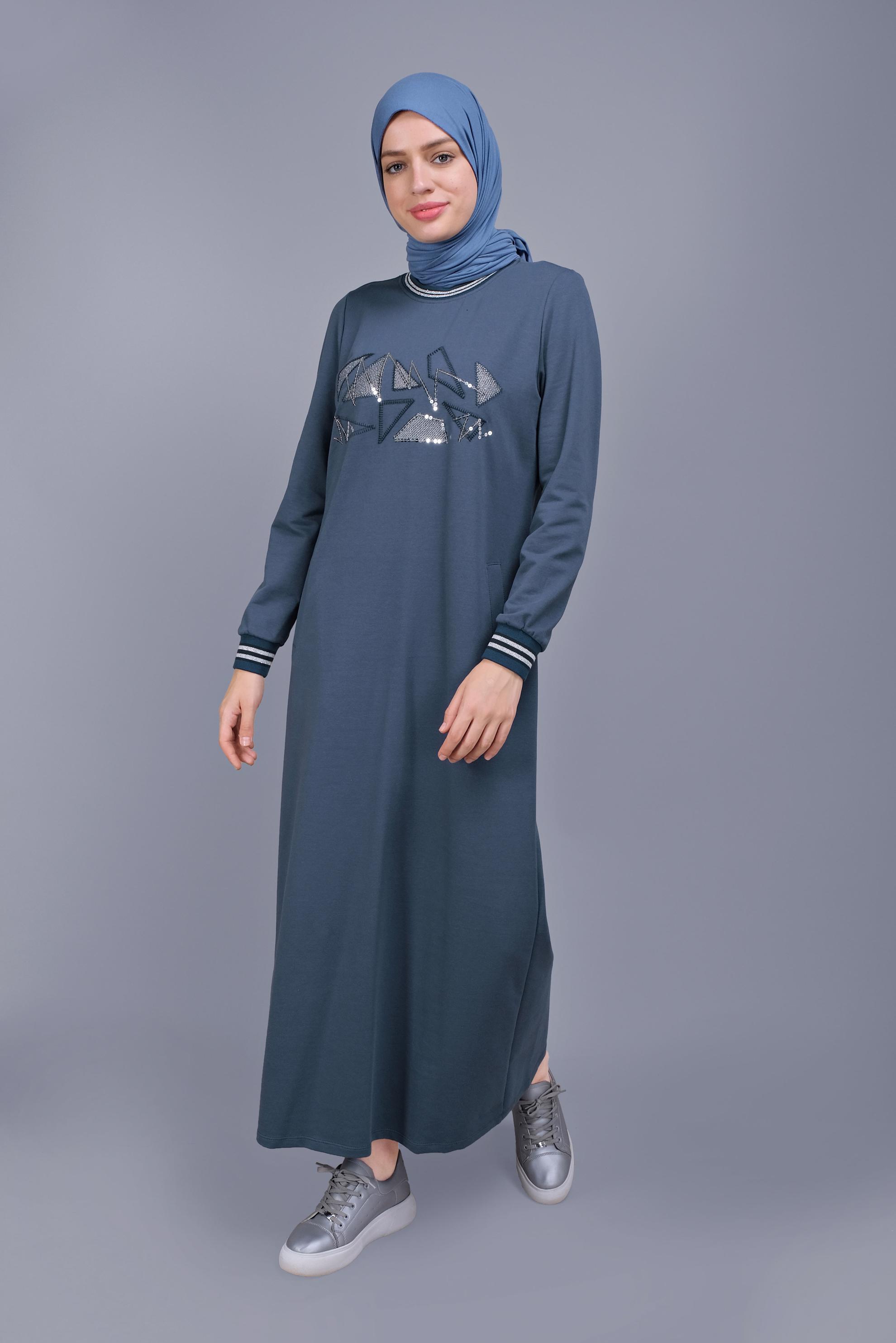 Hijab clothing NAVY BLUE SEQUINNED EMBROIDERED TRACKSUIT DRESS 41612 