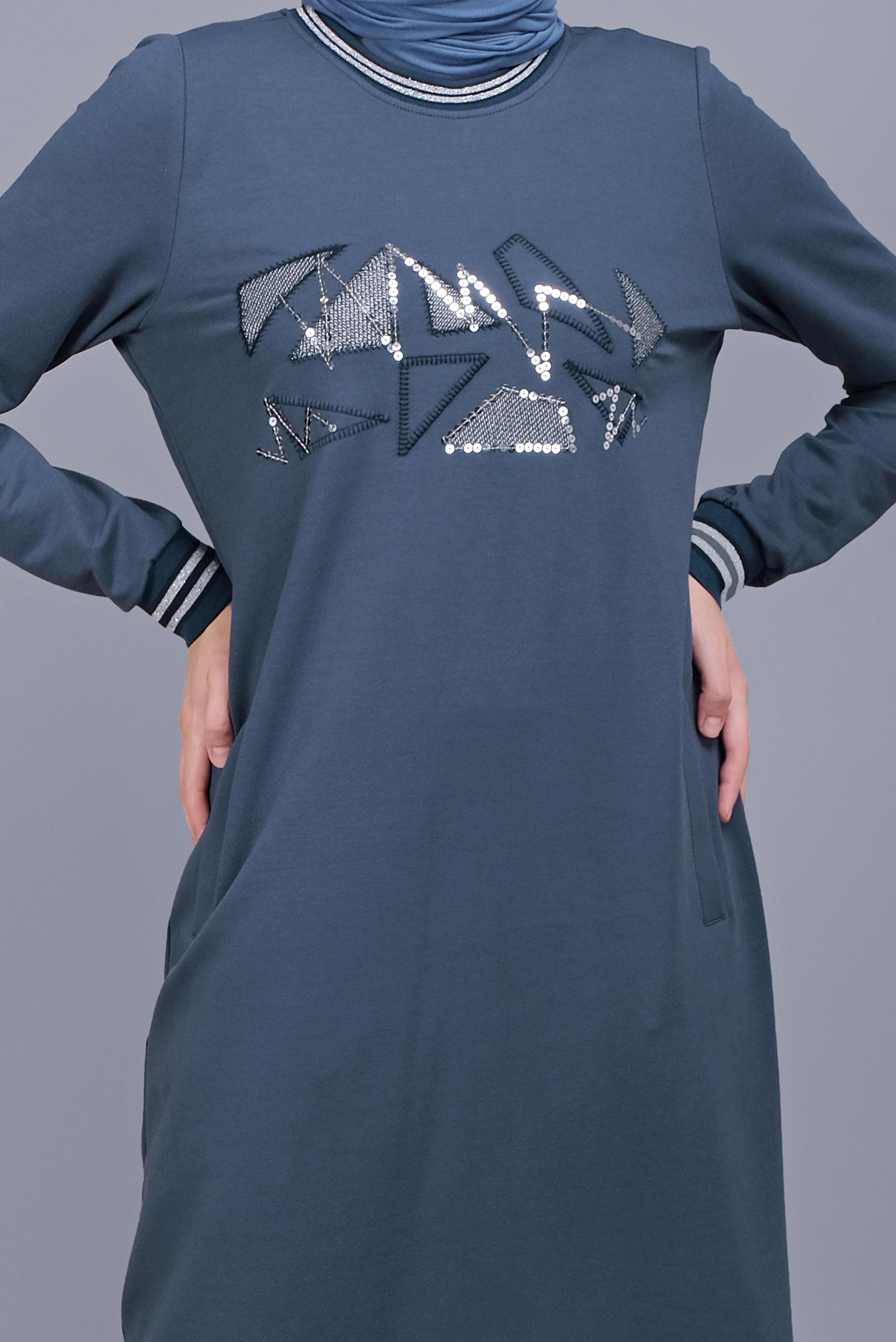 Hijab clothing NAVY BLUE SEQUINNED EMBROIDERED TRACKSUIT DRESS 41612 