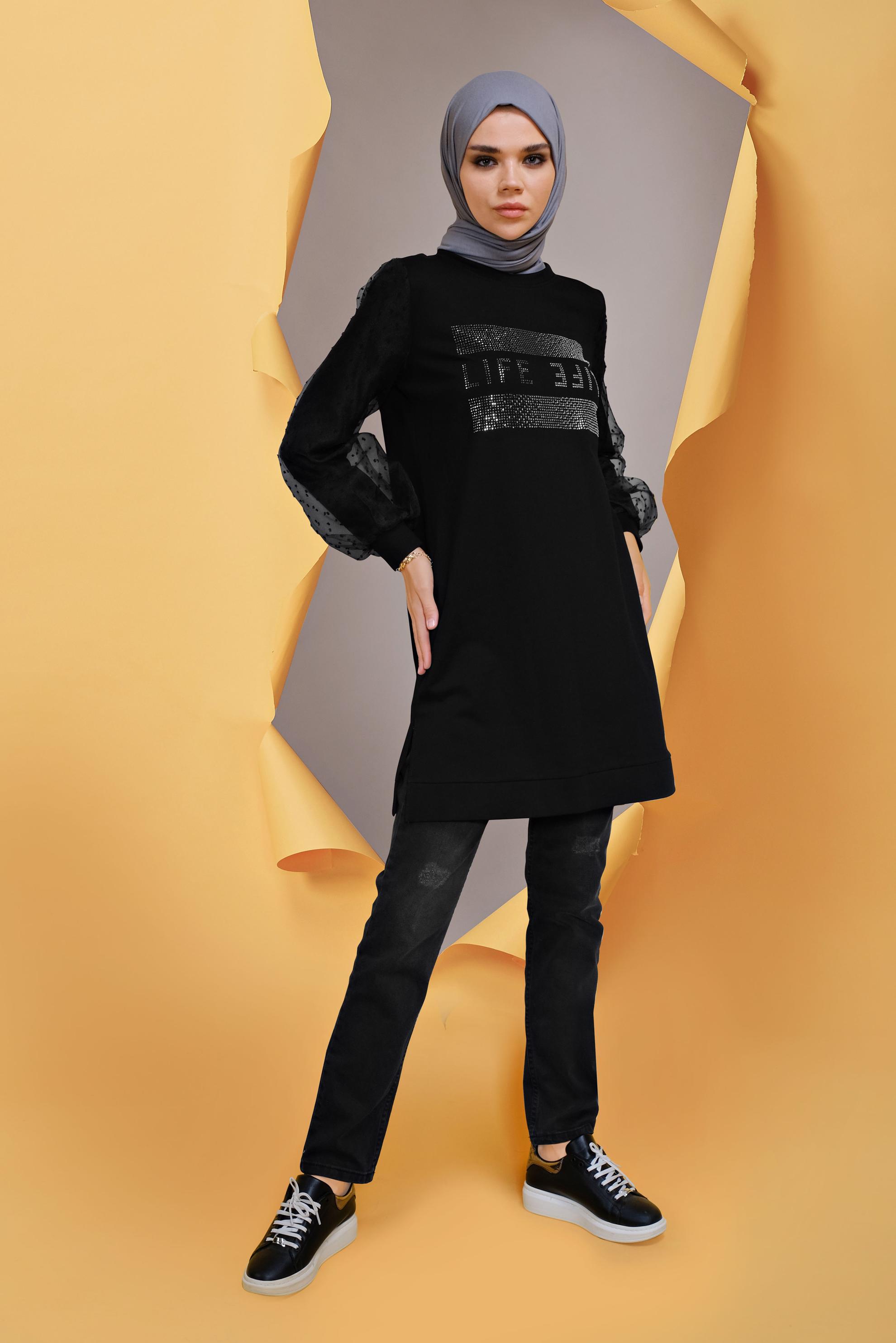 Tesettür giyim SİYAH TÜL DETAYLI TAŞ BASKILI EŞOFMAN TUNİK 41634 